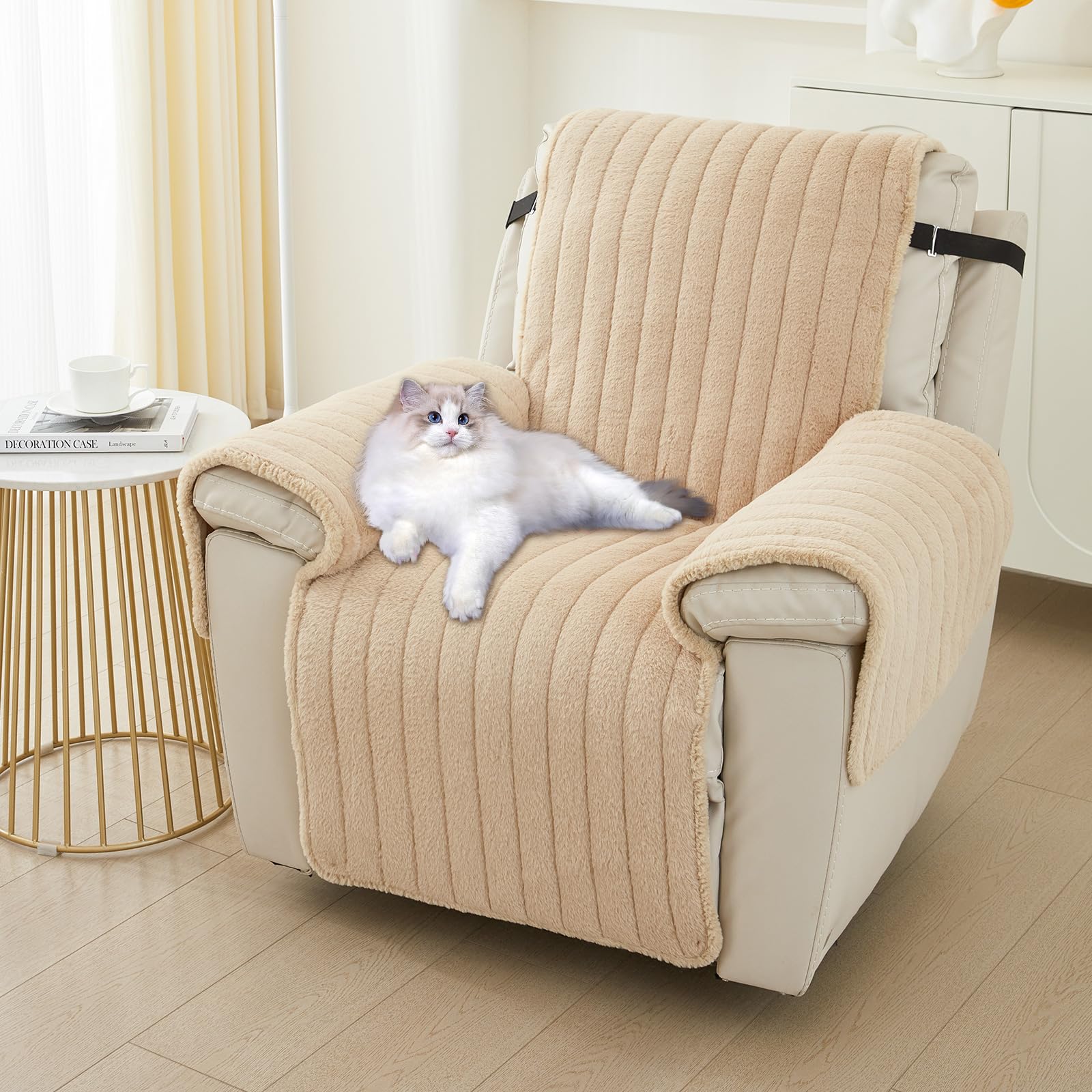 YancLife Recliner Chair Cover, Plush Non Slip Armchair Cover, Soft Washable Plush Armchair Slipcover with Elastic Strap, Slipcover Non Slip Furniture Protector for Kids and Pets (Coffee, 55x200cm)