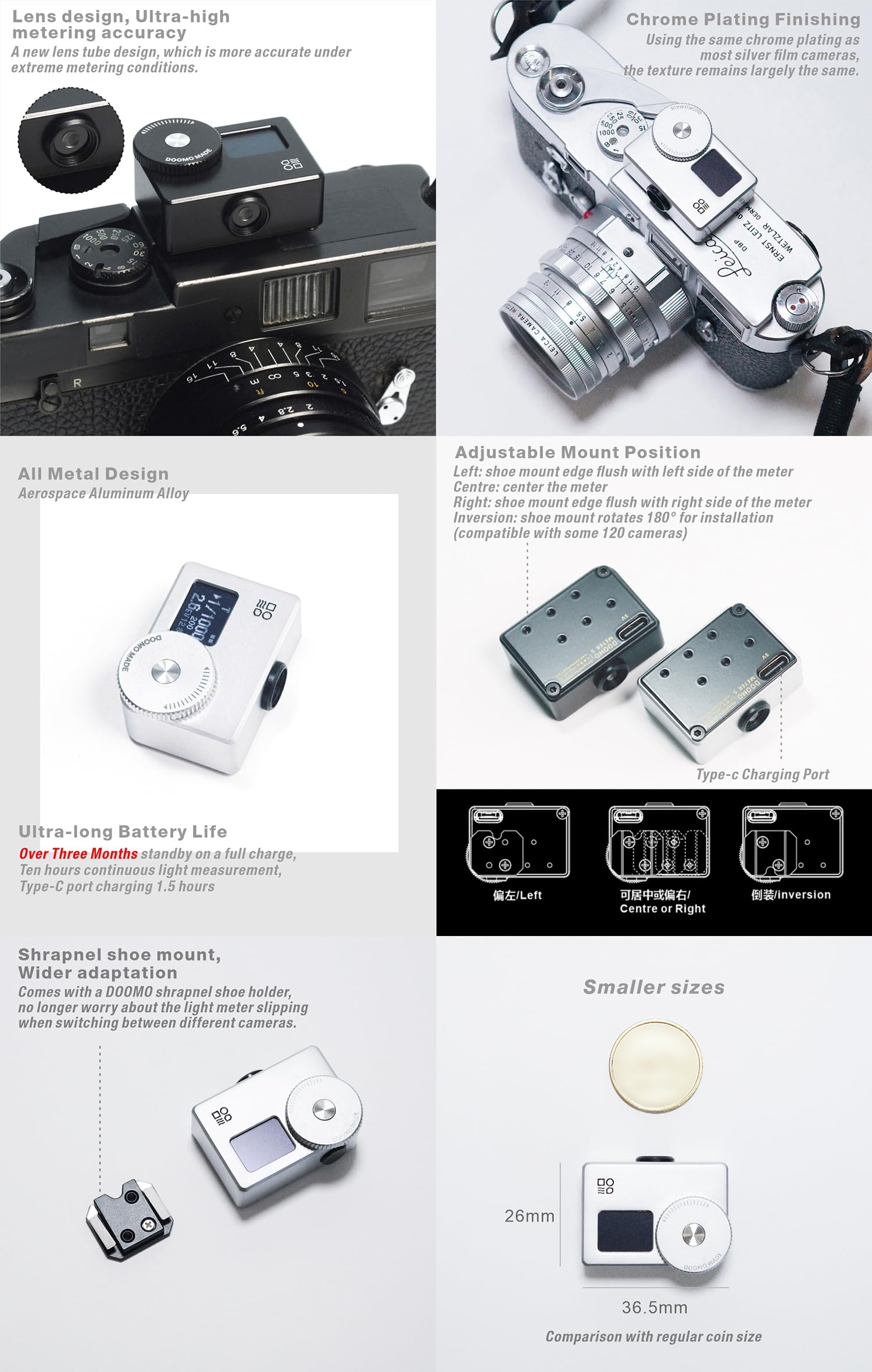 OLED-Lichtmesser, Meter S, neues Bildschirmdesign, Echtzeitmessung und Ein-Knopf-Messung für Vintage-Kameras (Chrom)