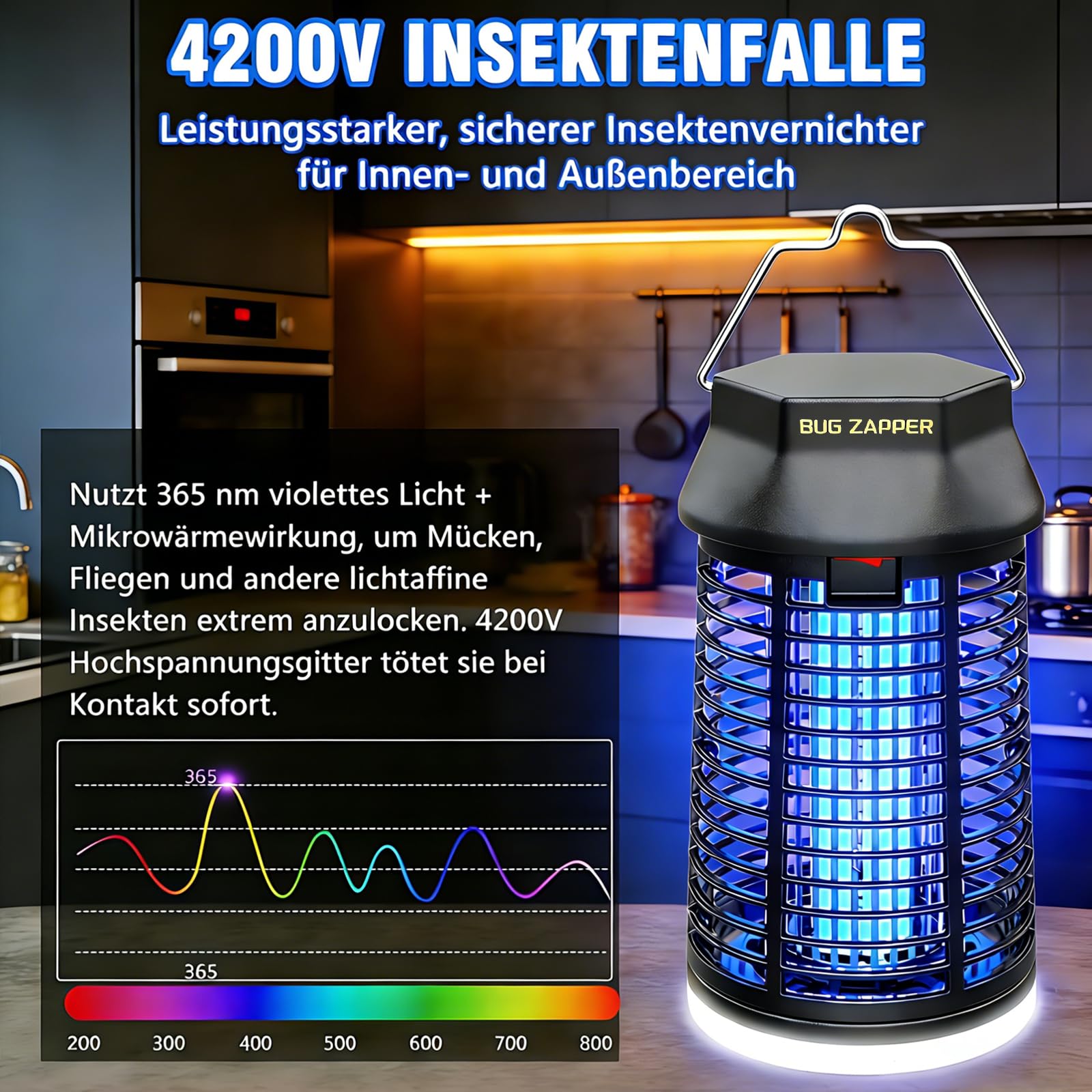 Insektenvernichter Elektrisch, 4200V Mückenlampe Mit LED-Licht, Wasserdicht Fliegenfalle Elektrisch Mosquito Killer, Anti Mücken Lampe für Innen Outdoor Schlafzimmer Haus Patio Hinterhof
