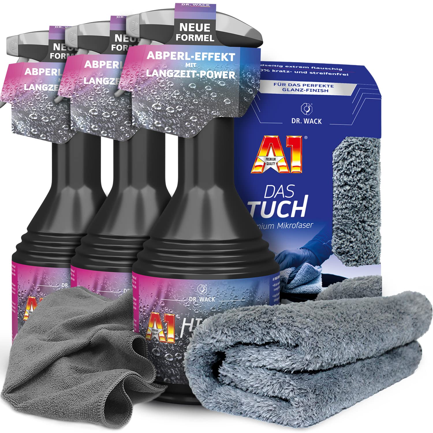 Autopflege Set: 3x Dr. Wack A1 HIGH END Spray Wax Lackversiegelung Autowachs + 1x Dr. Wack DAS TUCH + Premium Mikrofaser Poliertuch 40x40cm