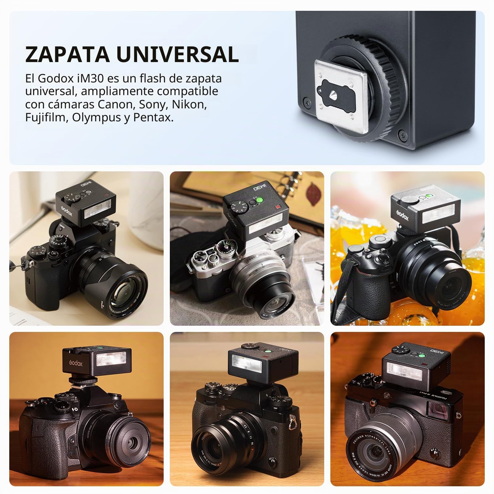 Godox iM30 Flash Mini Flash GN15 S1/S2 Control Óptico, Temperatura de Color CCT 6500K±200K, 7 Niveles de Potencia (1/64~1/1) para Canon Nikon Sony Fuji Olympus