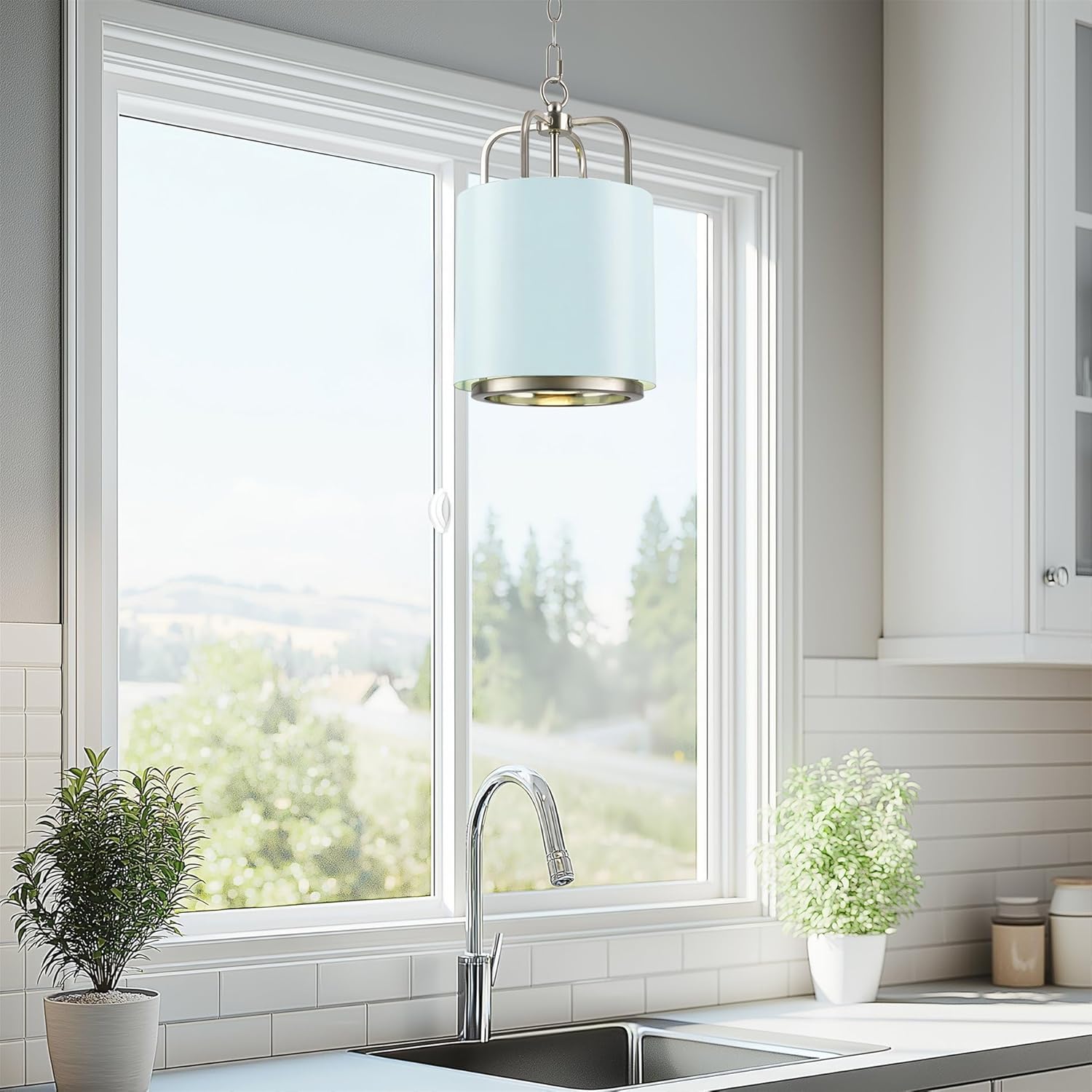 Kira Home Cayman 13" Modern Chic Pendant Light, Aqua Blue Metal Shade, Brushed Nickel Finish