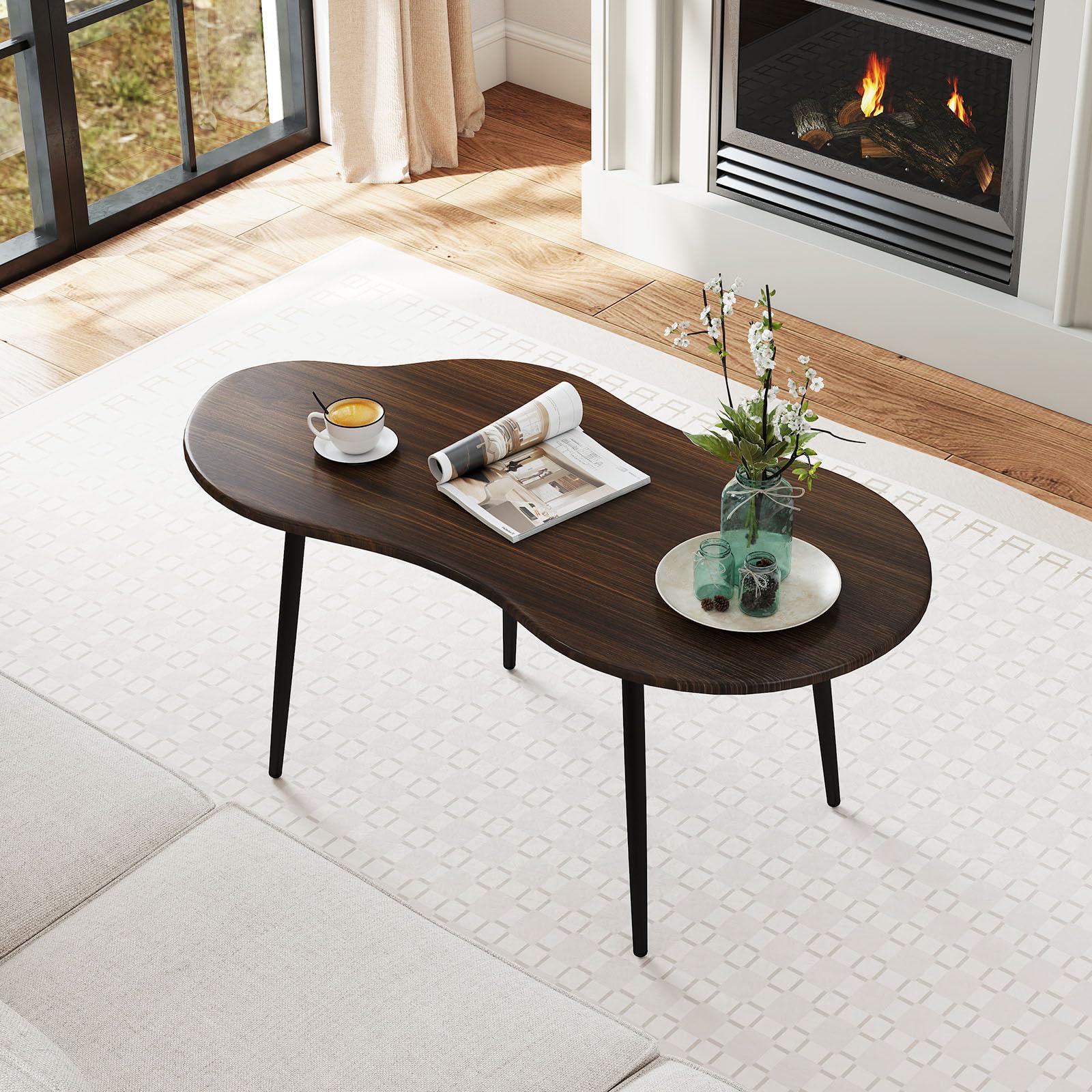 COSTWAY Mesa de Centro con Forma de Nube, Mesita Central Irregular Moderna con Estructura Metálica, Mesita Auxiliar de Madera Decorativa para Saon Oficina Espacios Pequeños, 100 x 50 x 44 cm (Nogal)