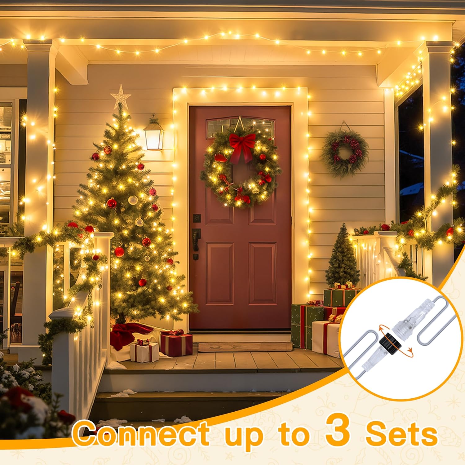 Ollny Christmas lights decorating a porch, with an inset showing how to connect multiple sets.