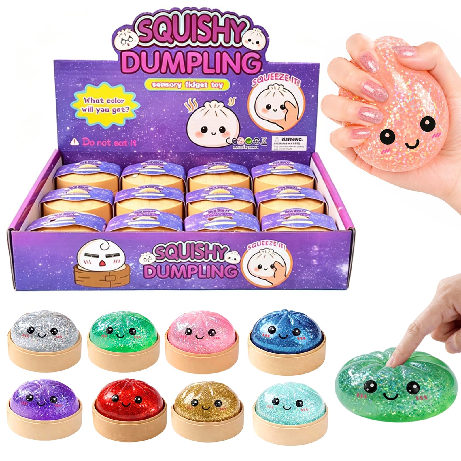 12PCS Glitter Dumpling Squishy, Mini Real Bun Dumplings Stress Relief Set Pack Box, Crazy Fun Balls Toys Fidget Cute Sensory for Anxiety Relief Toy Hand Relax, Birthday Gifts (Smiling)