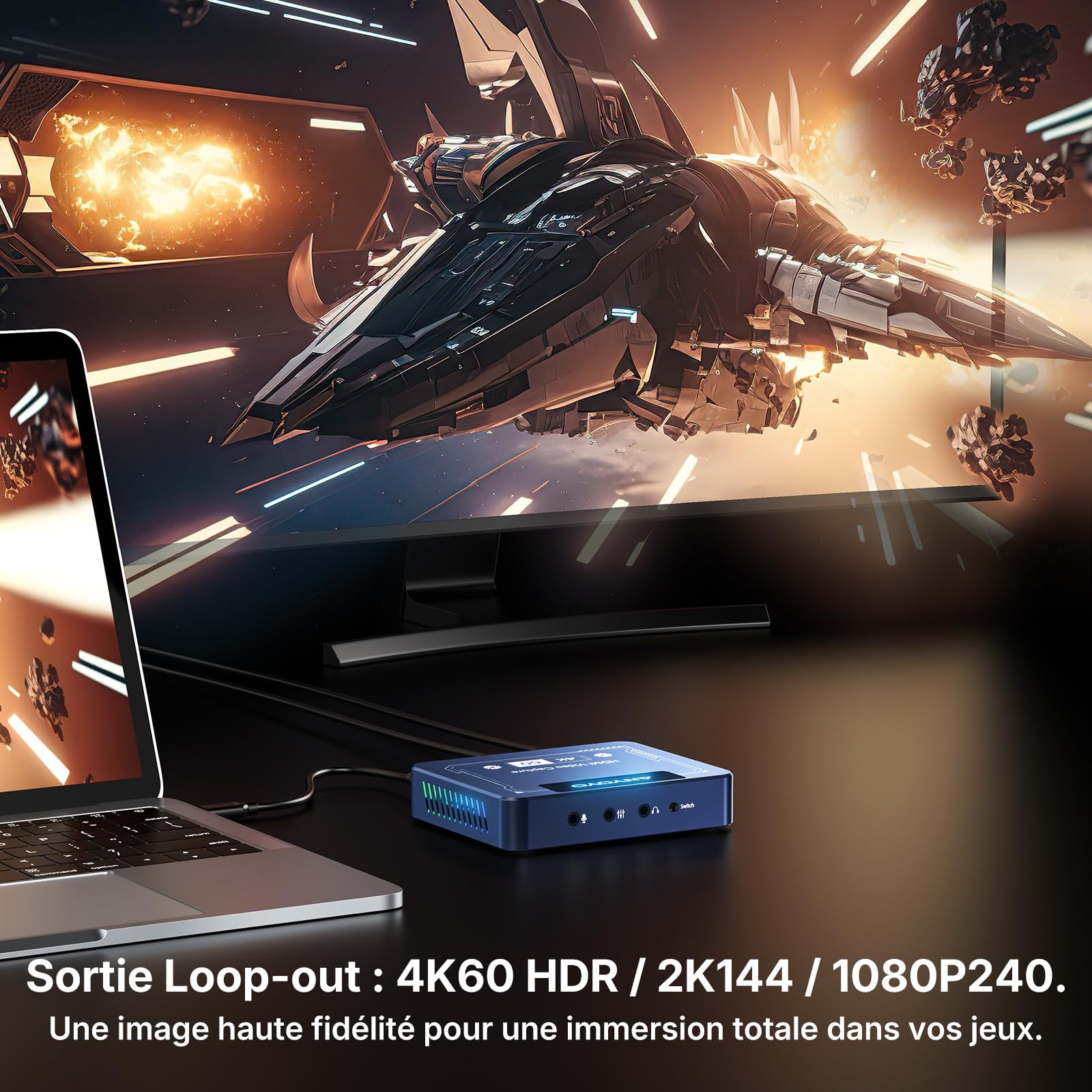 ANYOYO Carte de Capture Vidéo HDMI 4K60 HDR VRR, Capture Card 4K 60FPS Passthrough 240Hz, Acquisition Vidéo USB 3.0 Latence Quasi Nulle pour PS5, Switch 2, Xbox, PC, Mac