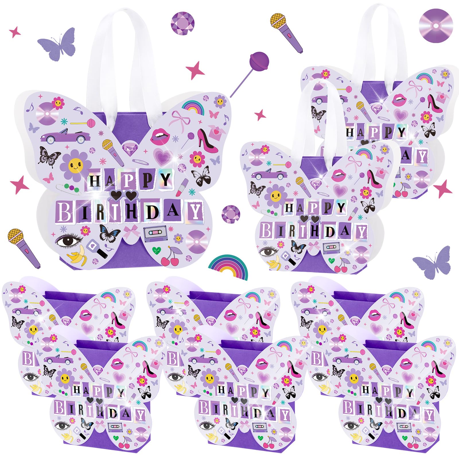Sweetude Confezione da 24 sacchetti regalo con musica pop viola, a forma di farfalla, per feste di compleanno, cantanti, bomboniere, farfalle, sacchetti per caramelle per compleanno, cantanti