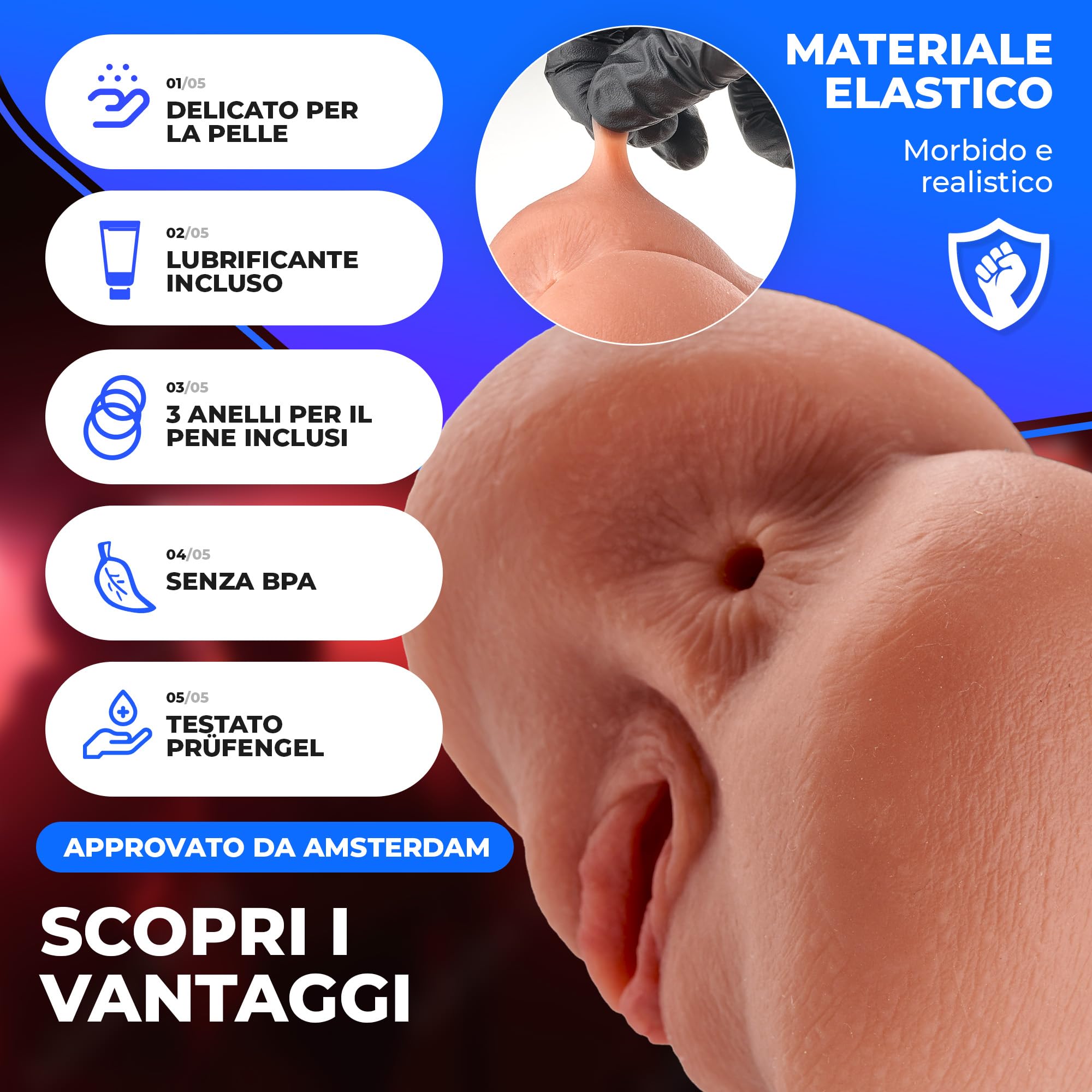 Masturbatore per Uomo [Pocket Pussy] Realistico in Silicone - Set di 3 anelli e lubrificante | Sex Toys, Masturbazione Maschile, Masturbatore per Uomini, Artificiale per Sesso, Vaginale e Anale Finta
