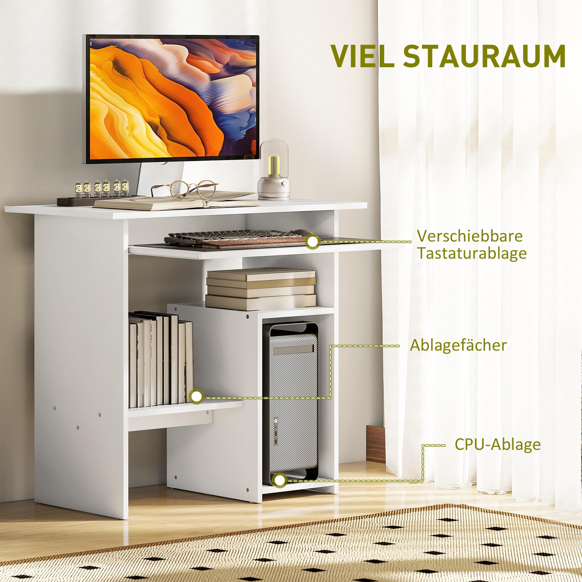 HOMCOM Schreibtisch mit Tastaturablage für Home Office 80 x 45 cm Weiß | Computertisch, Bürotisch, Offenen Fächern und Ablageflächen, Spanplatte, Schlafzimmer