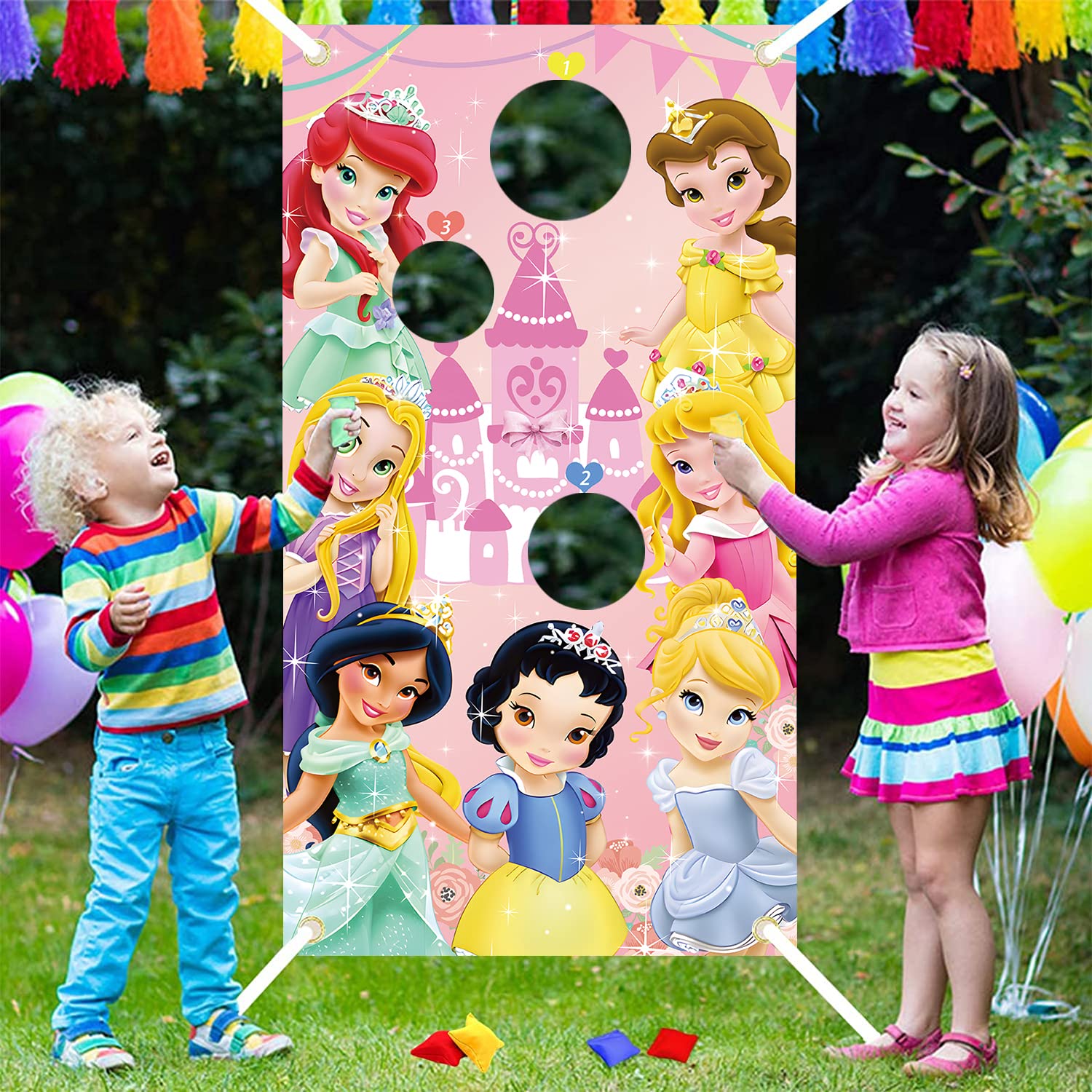 Princess Theme Party Supplies Princess Toss Game Banner with 3 Bean Bags Girls Birthday Party Decoration Game Indoor Outdoor Throwing Game Hanging Banner for Kids
