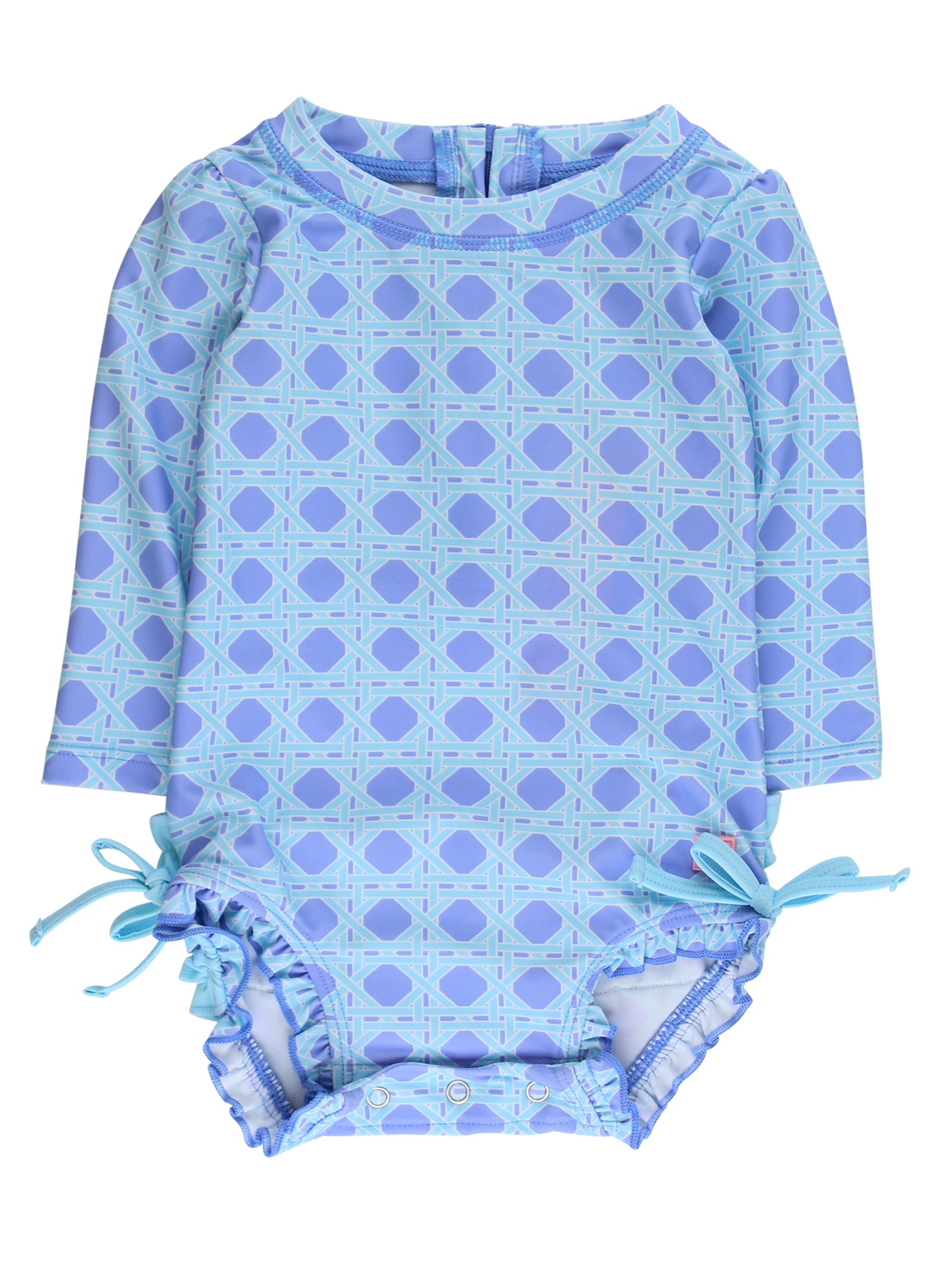 RuffleButts Baby Girls Novelty Baby One Piece - Rash Guard Swimsuit | 80% Nylon 20% Spandex, UPF 50+, Lightweight, Medium Stretch, Full Seat Coverage, Bottom Snaps, Unlined, Infant Beach Swim