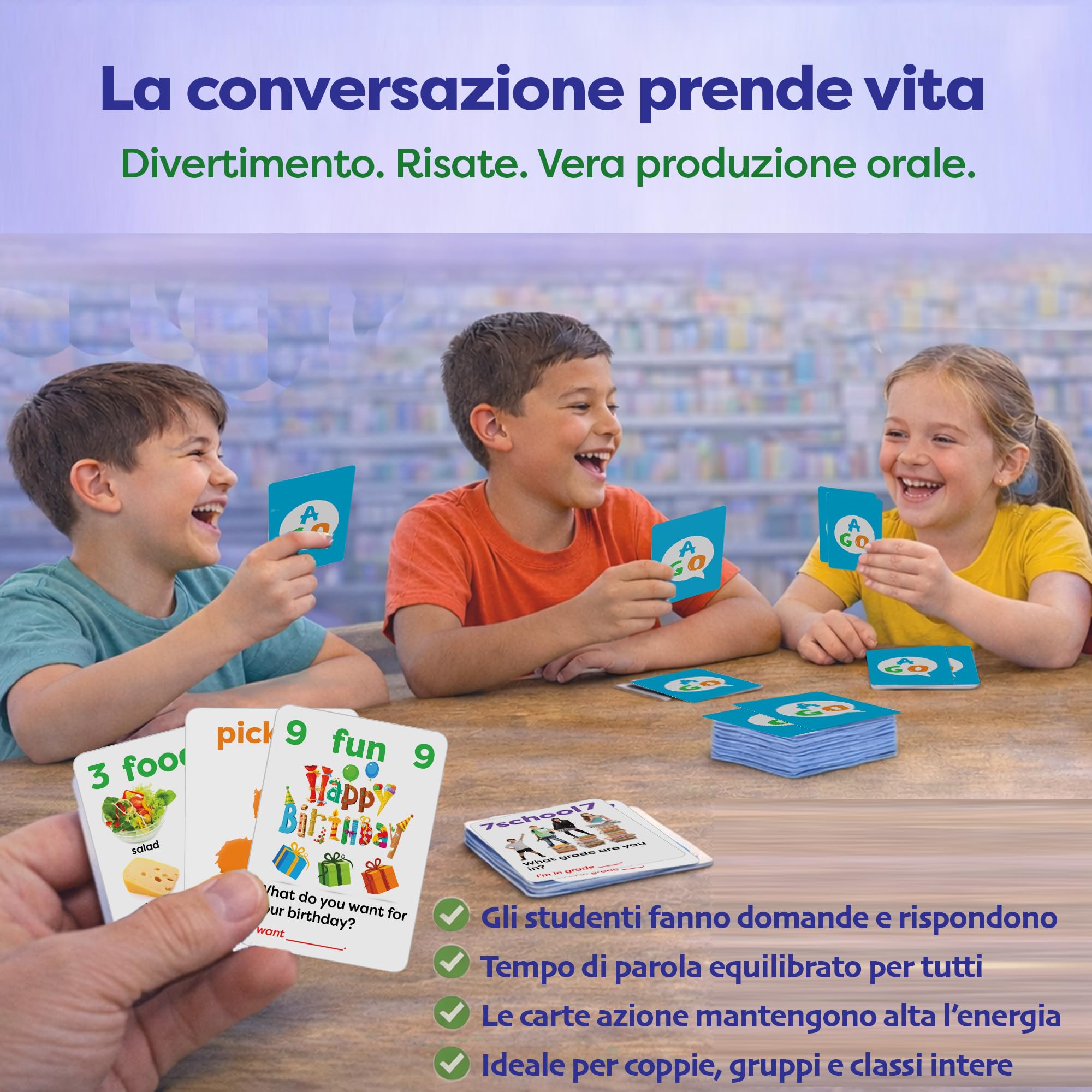 AGO Q&A Carte da Gioco per Imparare Inglese, 3 Mazzi di Domande Tematiche
