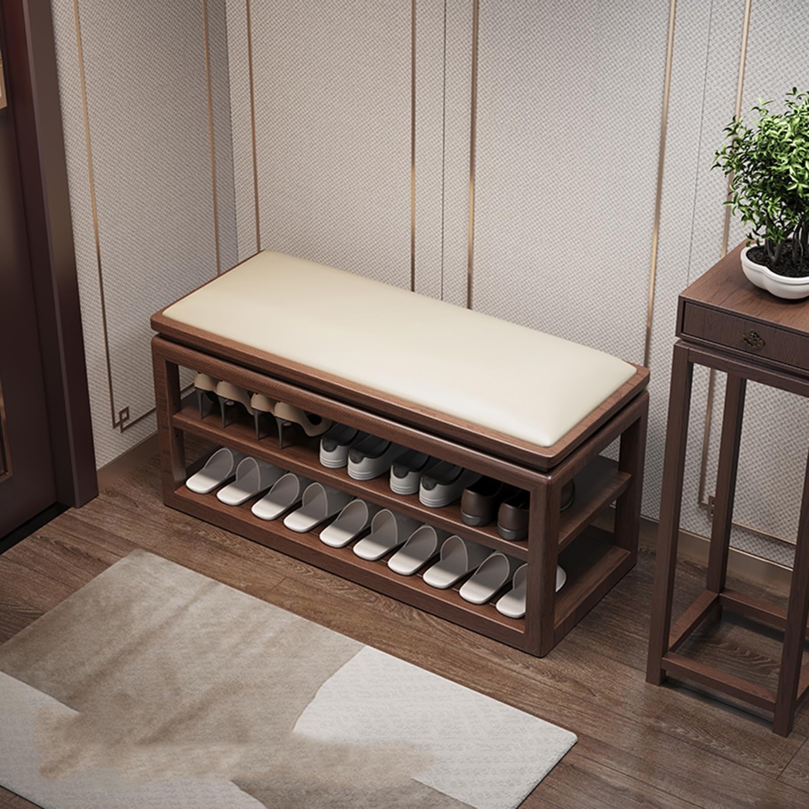 Banc de rangement chaussures bois massif pour organiser le couloir et la chambre avec style