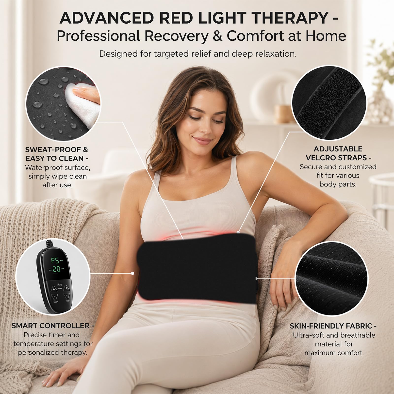 80 x 35 cm esterilla de infrarrojos, 210 LED cinturón de luz roja, cinturón de terapia de luz roja para el cuerpo, terapia de luz roja LED de 660 nm y 850 nm, 5 niveles de brillo y 5 ajustes de tiempo