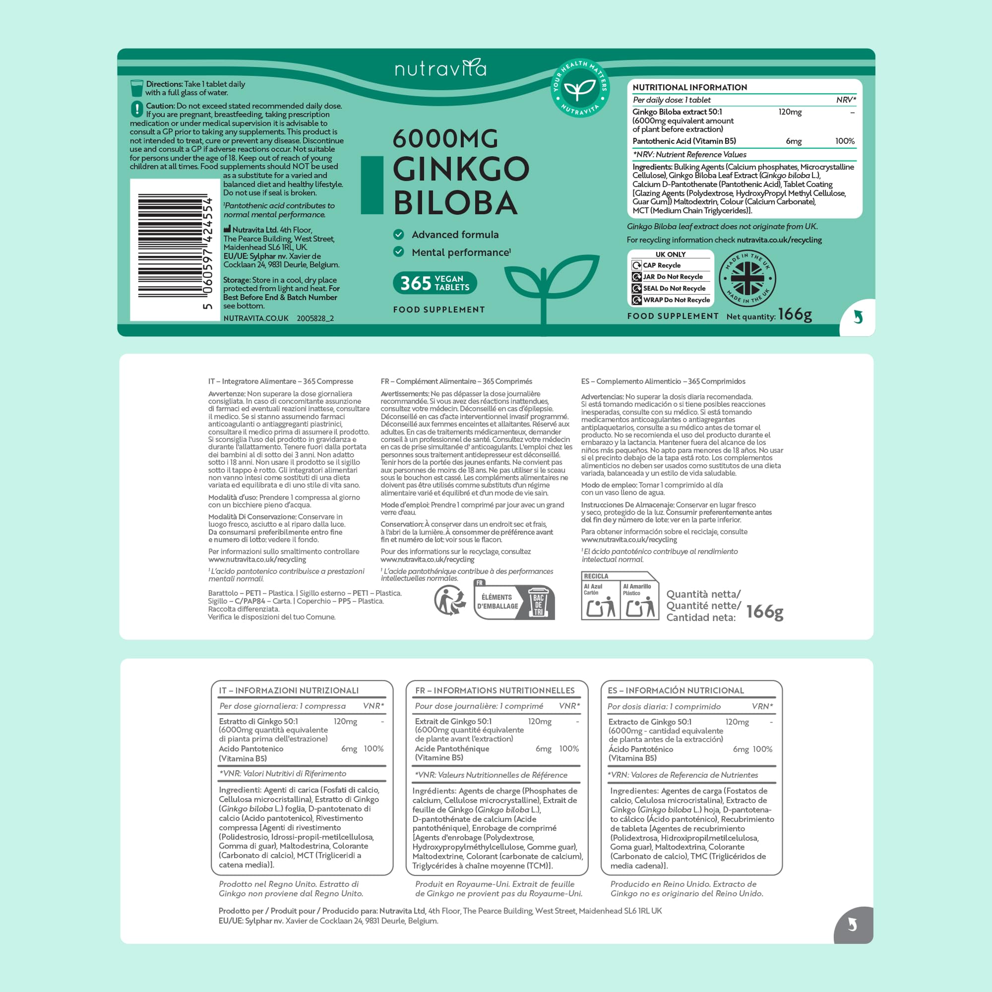 Nutravita Ginkgo Biloba 6000 mg – 365 Compresse Vegane per 1 Anno – Ginko Biloba Integratore Alimentare con Vitamina B5 (Acido Pantotenico) – Estratto 50:1