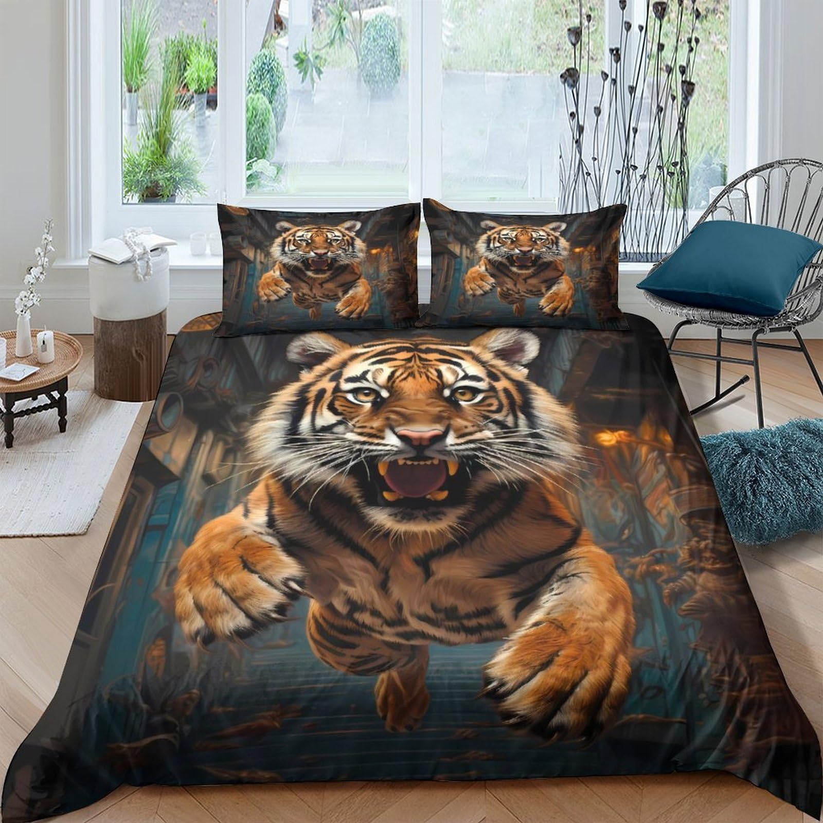 Ctjqhvkz Style-9 3D Printed Tiger Jungle Fitted Sheet Microfiber Soft Decorative Wild Animal Bed Cover For Bedroom Guest Room Single（135X200cm）