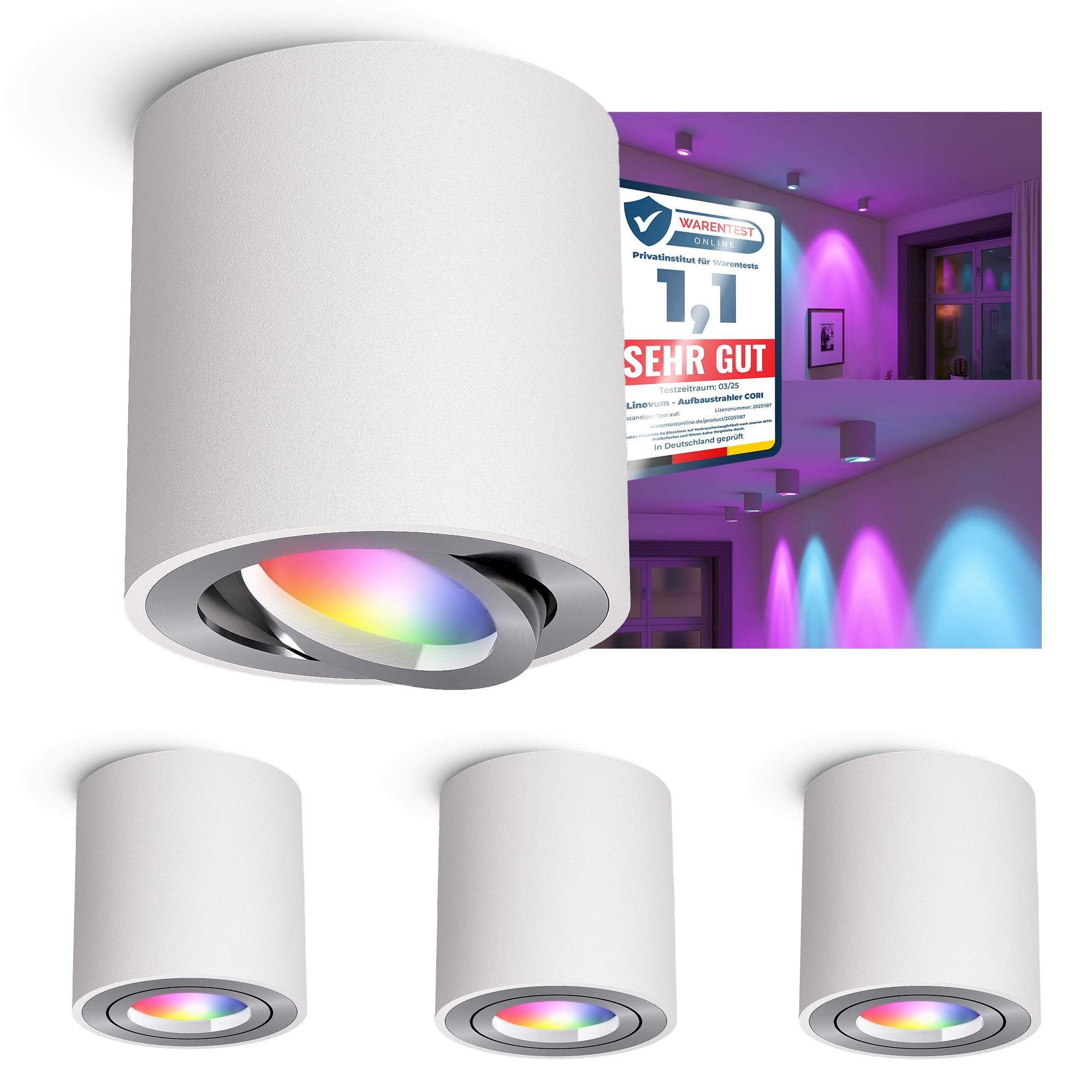 linovum CORI Aufbauleuchte rund weiß Alu mit LED GU10 dimmbar WLAN RGBW Lampe - Deckenlampe Spot kompatibel mit Alexa, Google, Siri