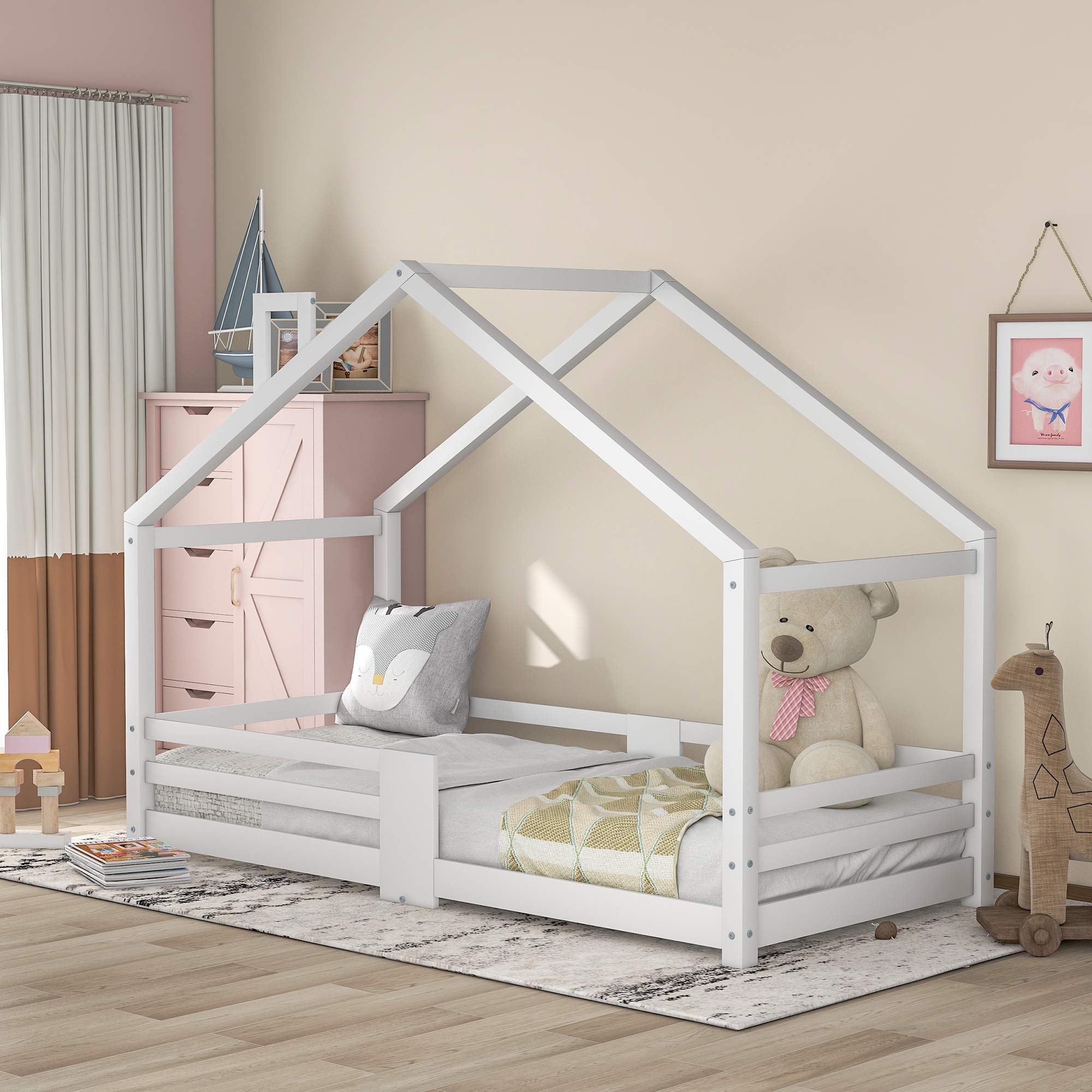 Merax Hausbett 90x200 mit Rausfallschutz, Kinderbett 200x90, Kiefernholz Hausbett for Kids, Massivholz Kinder Bett mit Lattenrost, Holz Bett für Kinder mit Dach (ohne Matratze) (Weiß)