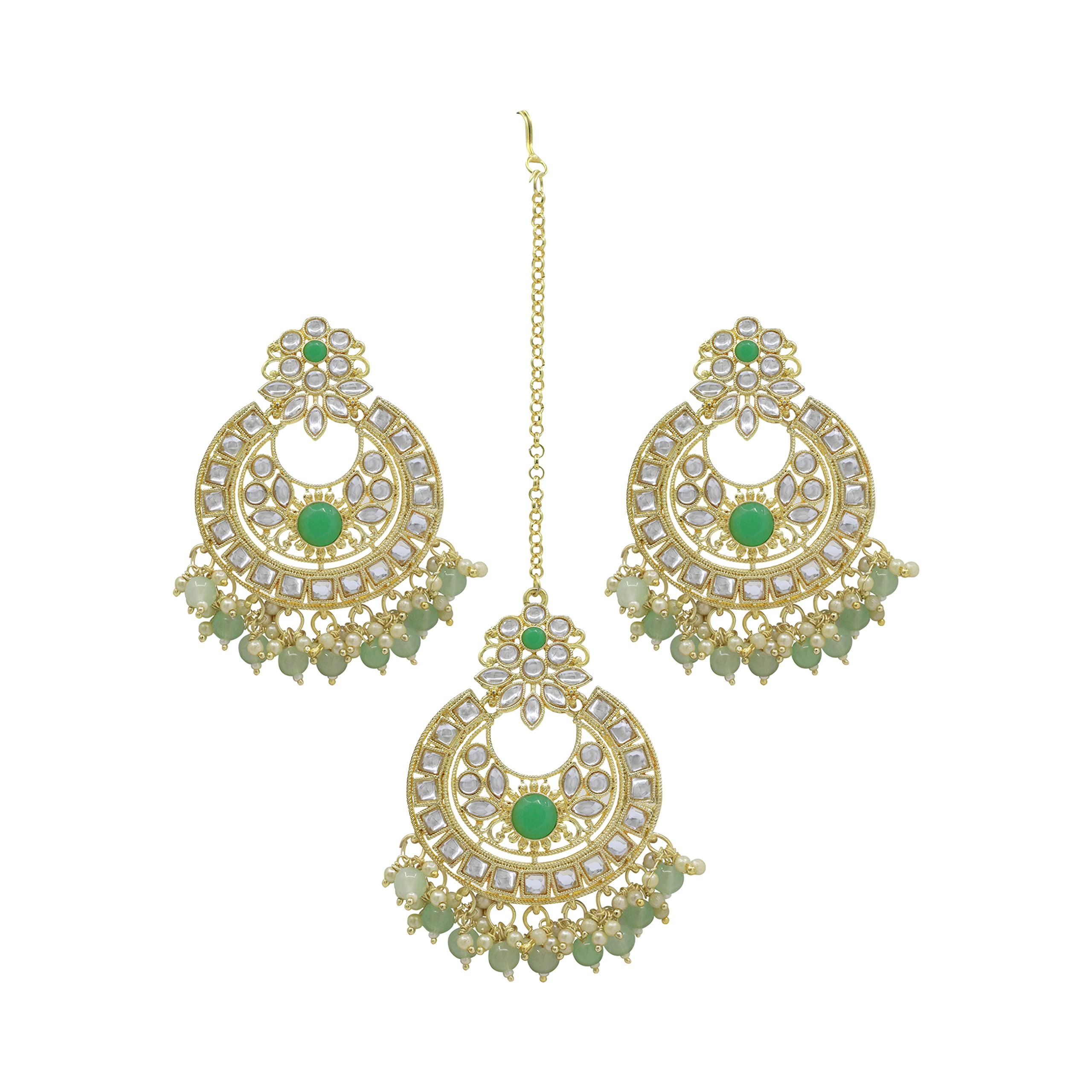 Samyuktha Ultimo Kundan Pearl tempestato tradizionale placcato oro color menta tipo Chandbali orecchino con set di gioielli Maangtikka - menta, metallo, senza pietre preziose, Metallo, Nessuna pietra