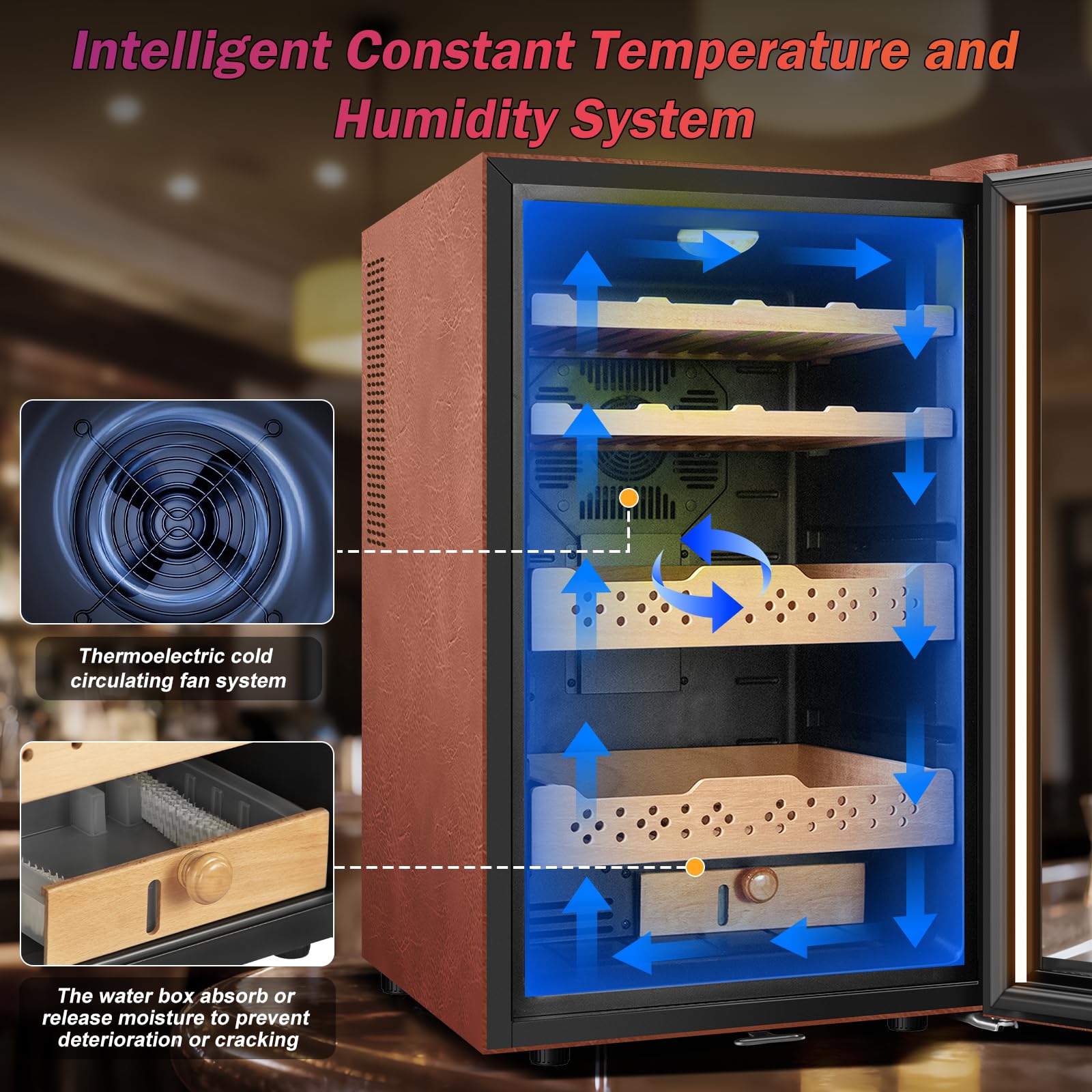Electric Humidor with Leather-70L Cooling & Heating Humidor Cabinet, Smart Touch Control Humidity & Temp, Humidors wtih Spanish Cedar Wood Tray Digital Display, Safety Lock, Desktop Gift for Men on Fridge.com