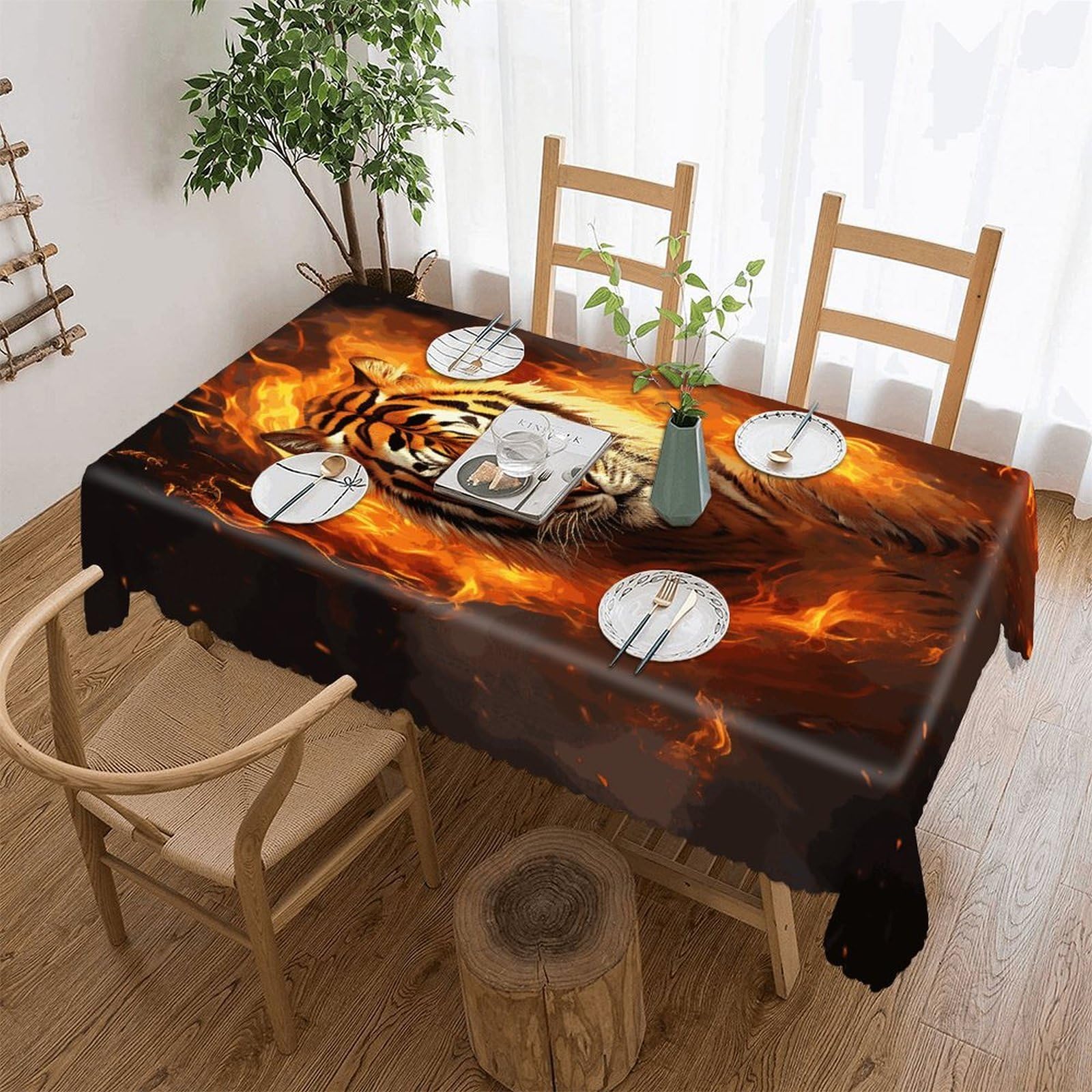 FekiLoot Cool Tiger in Flame Tablecloths for Rectangle Tables Wipeable Spillproof Polyester Table Cloth Wrinkle Free Farmhouse Dining Tables Cover Elegant Vintage Decor Tablecover