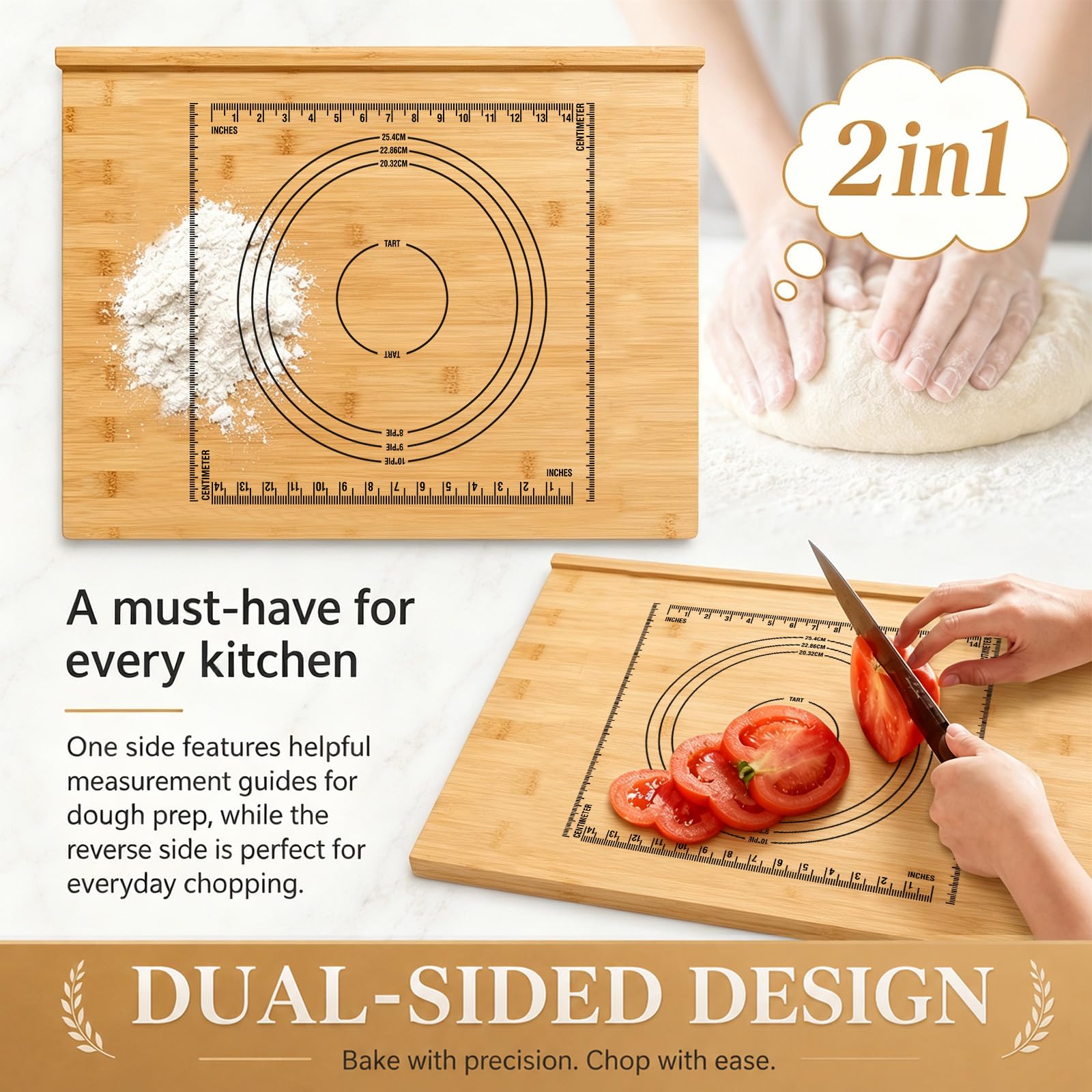 Tabla de repostería reversible de madera de acacia, tabla de cortar grande con medidas grabadas para cocina, tabla de cortar resistente, bloque de carnicero con borde y ranura de jugo para encimera