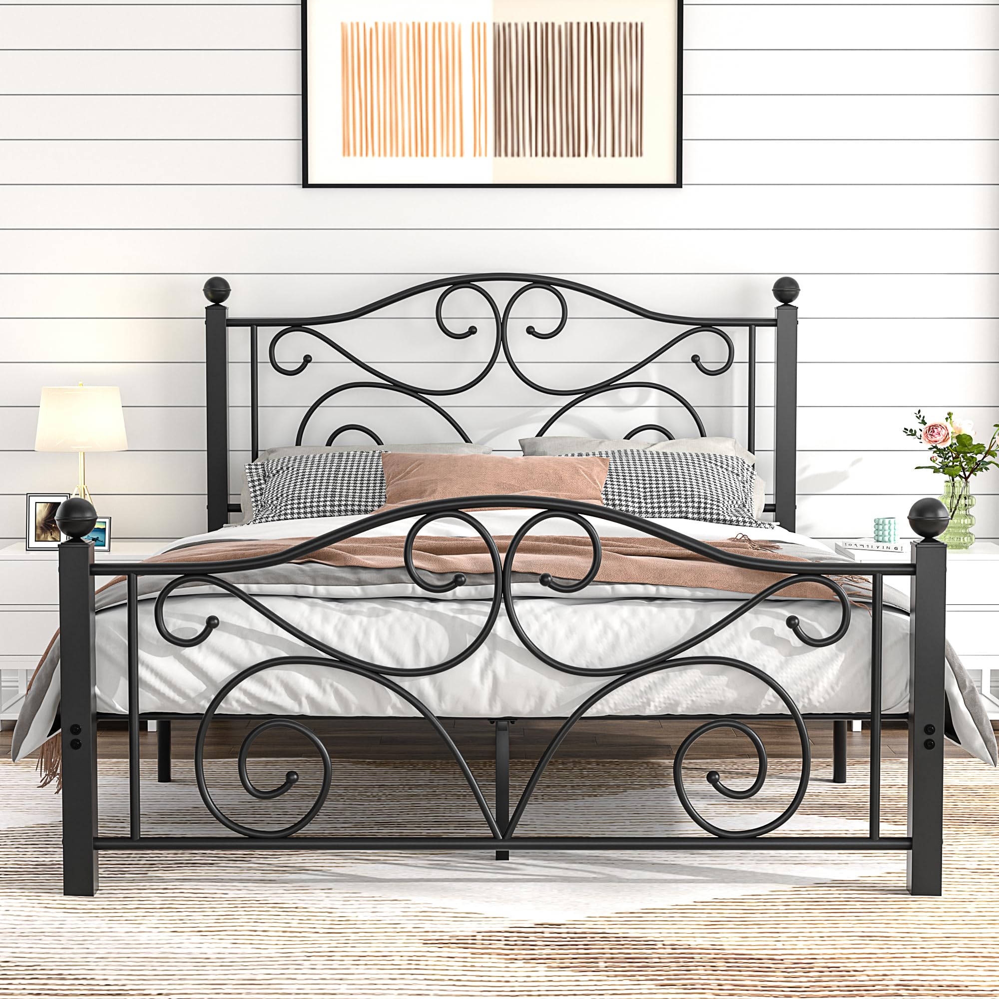 VECELO 4ft6 Double Bed Frame with Headboard and Footboard, 135×190cm Platform Mattress Foundation, Heavy Duty Metal Slat Support, No Box Spring Needed, Easy Assembly