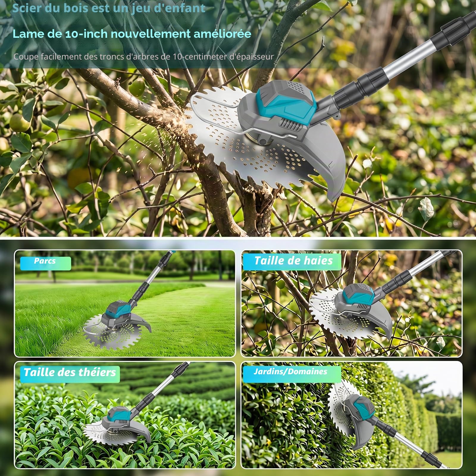 Coupe Bordure sans Fil avec 2 Batterie 4,0 Ah, 21V Débroussailleuse Électrique sans Fil 3 en 1, Moteur Brushless 1000W, 5000 TR/Min, Écran LCD, Télescopique et Pliable pour Jardin et Pelouse