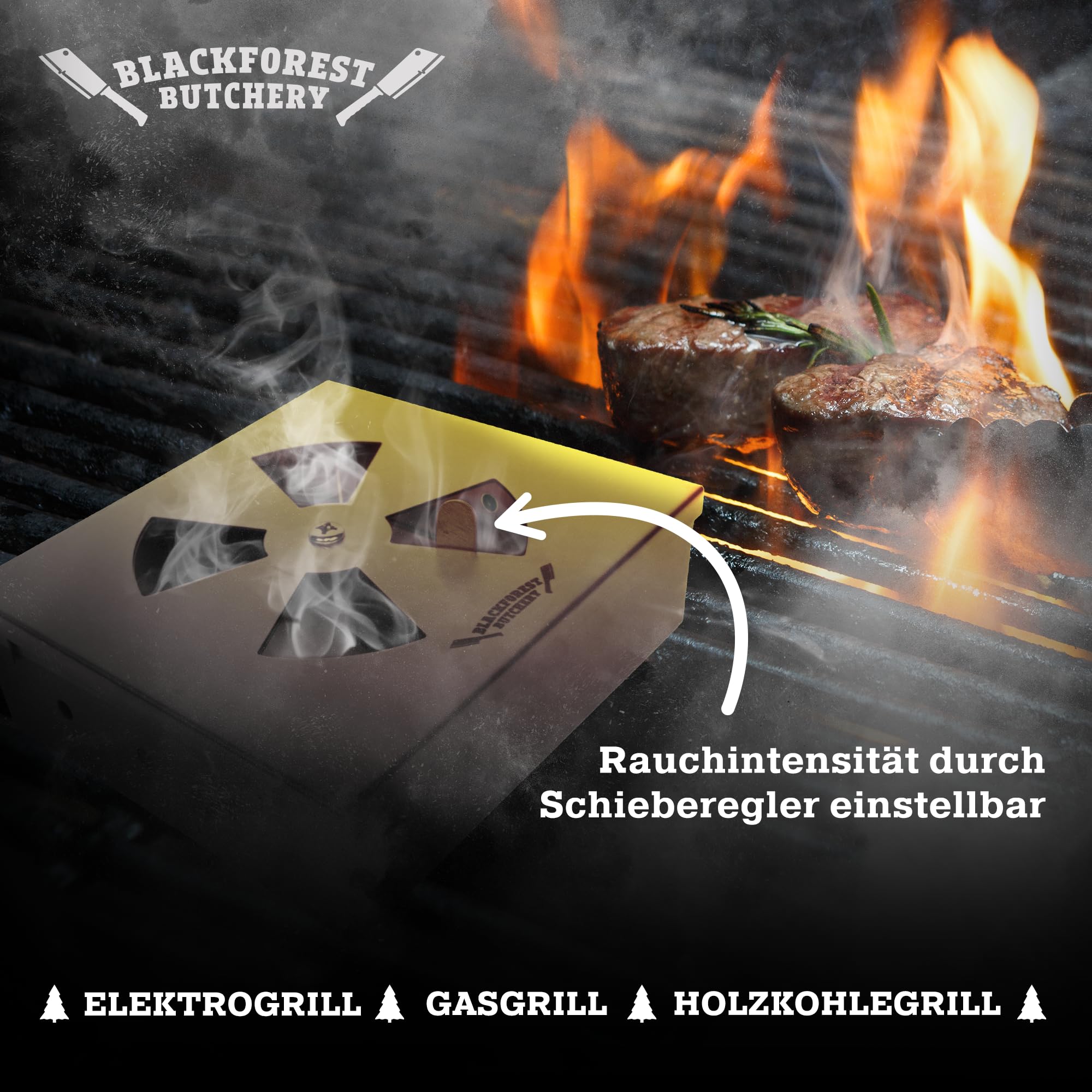 Blackforest Butchery - BBQ Räucherbox Set inkl. Räucherchips – Smokerbox aus Edelstahl – Smokergrill-Flair bei jedem Grillmodell - Maße: 14,5cm x B 13cm x H 4,5cm