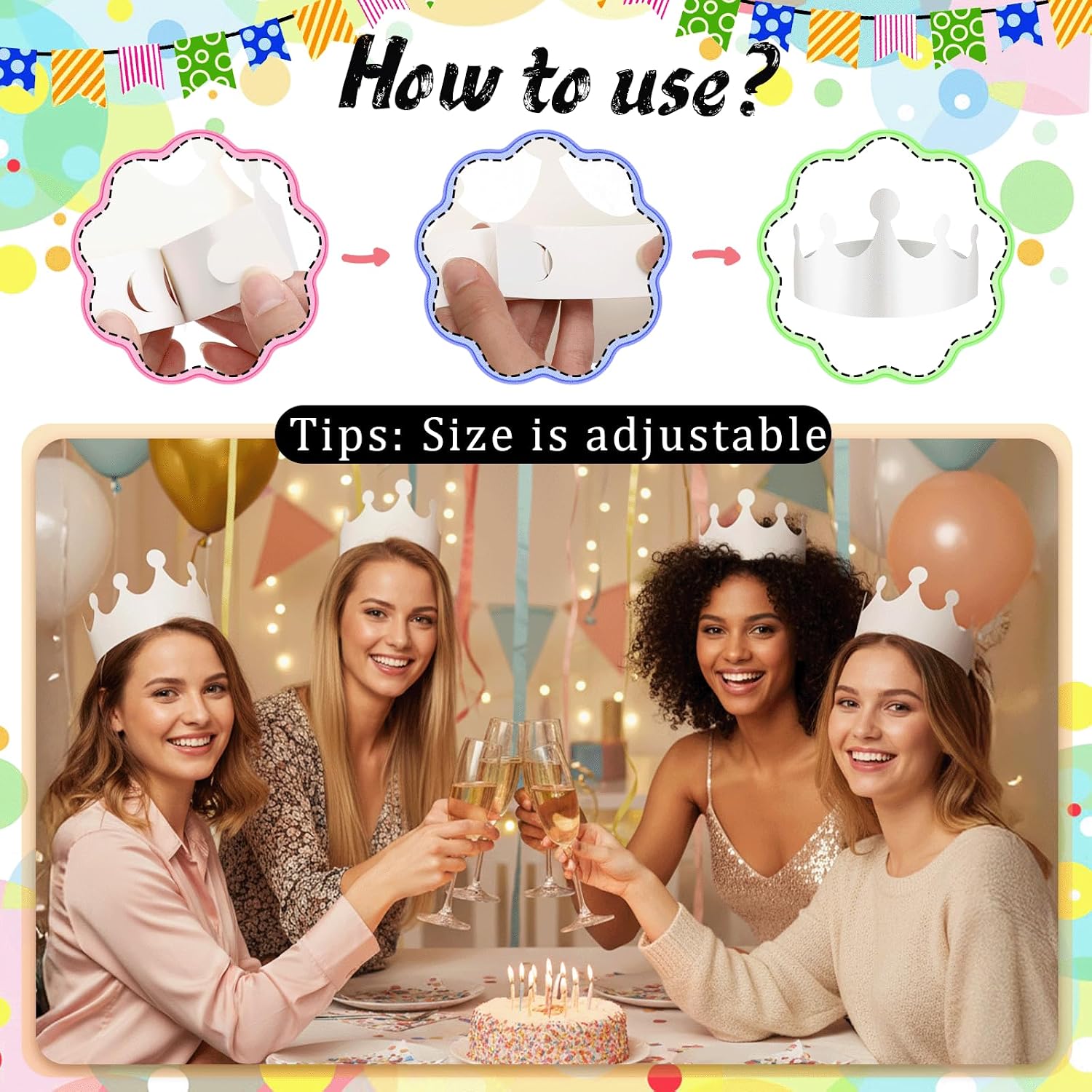 50 Pcs White Paper Crowns Bulk, DIY Blank Birthday Party Crown Classic Style Paper Birthday Crowns for Classroom Party Hats Decorations Baby Shower Supplies (24 x 4.7 in)