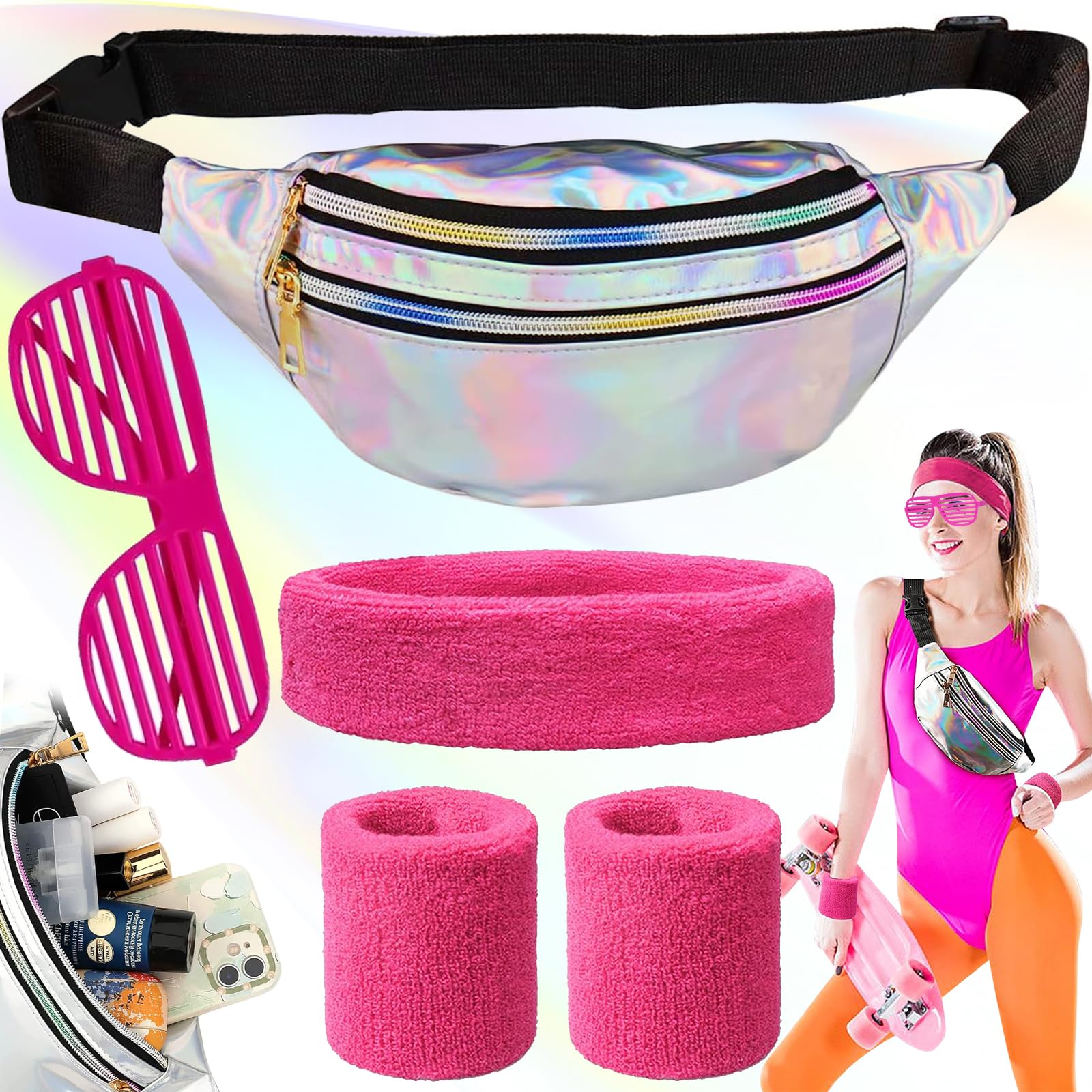 80s Costume Bum Bag Accessories, Bum Bag Fashion Waterproof Belt Bag Compartments with Pale Rose Red Bracelets and Headband, Suitable for Costume Rave Parties of the 80s and 90s, Silver, M