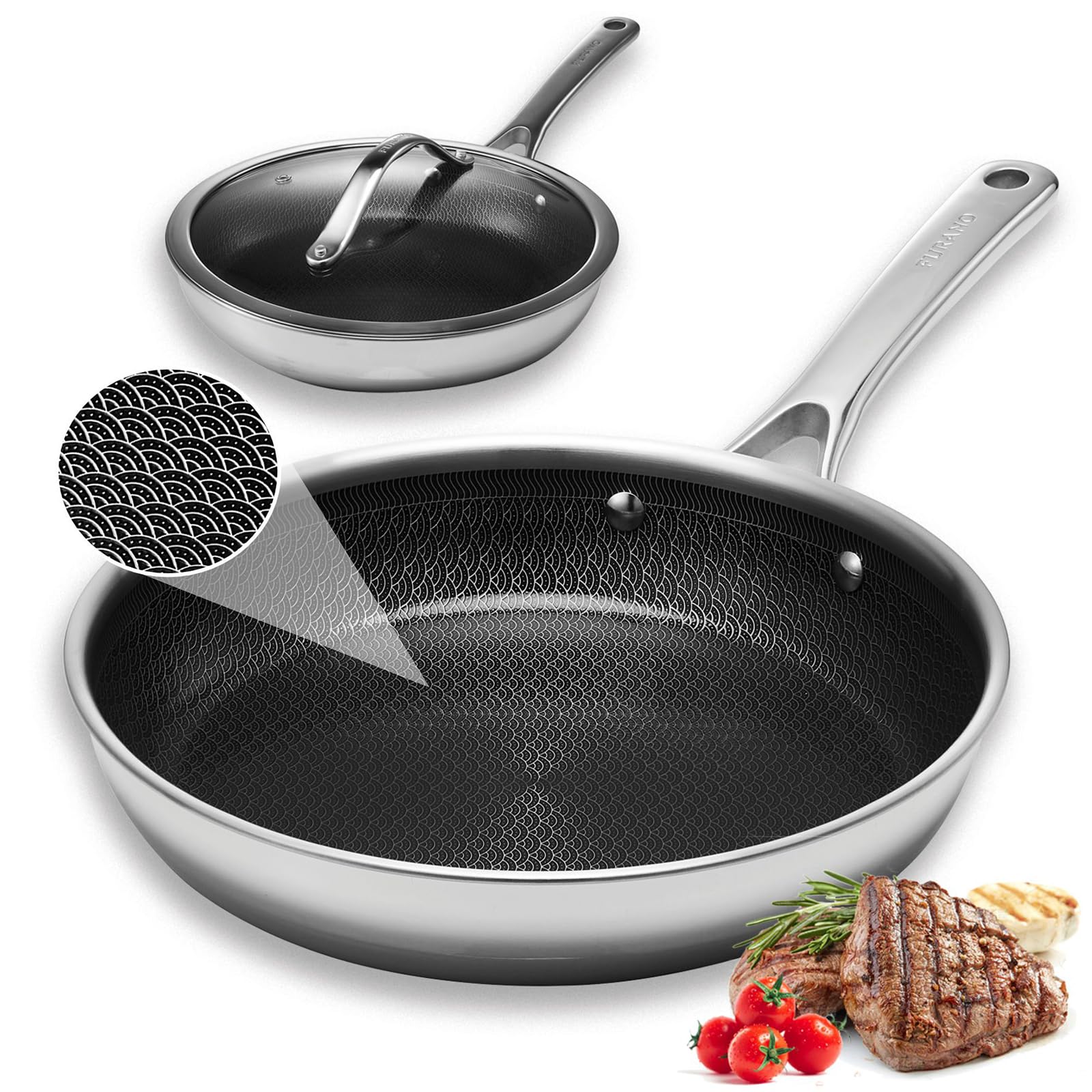 Nonstick Frying Pans with Lid 10 inch Stainless Steel Skillet Set with Hybrid Ceramic Stainless Steel Pan Induction