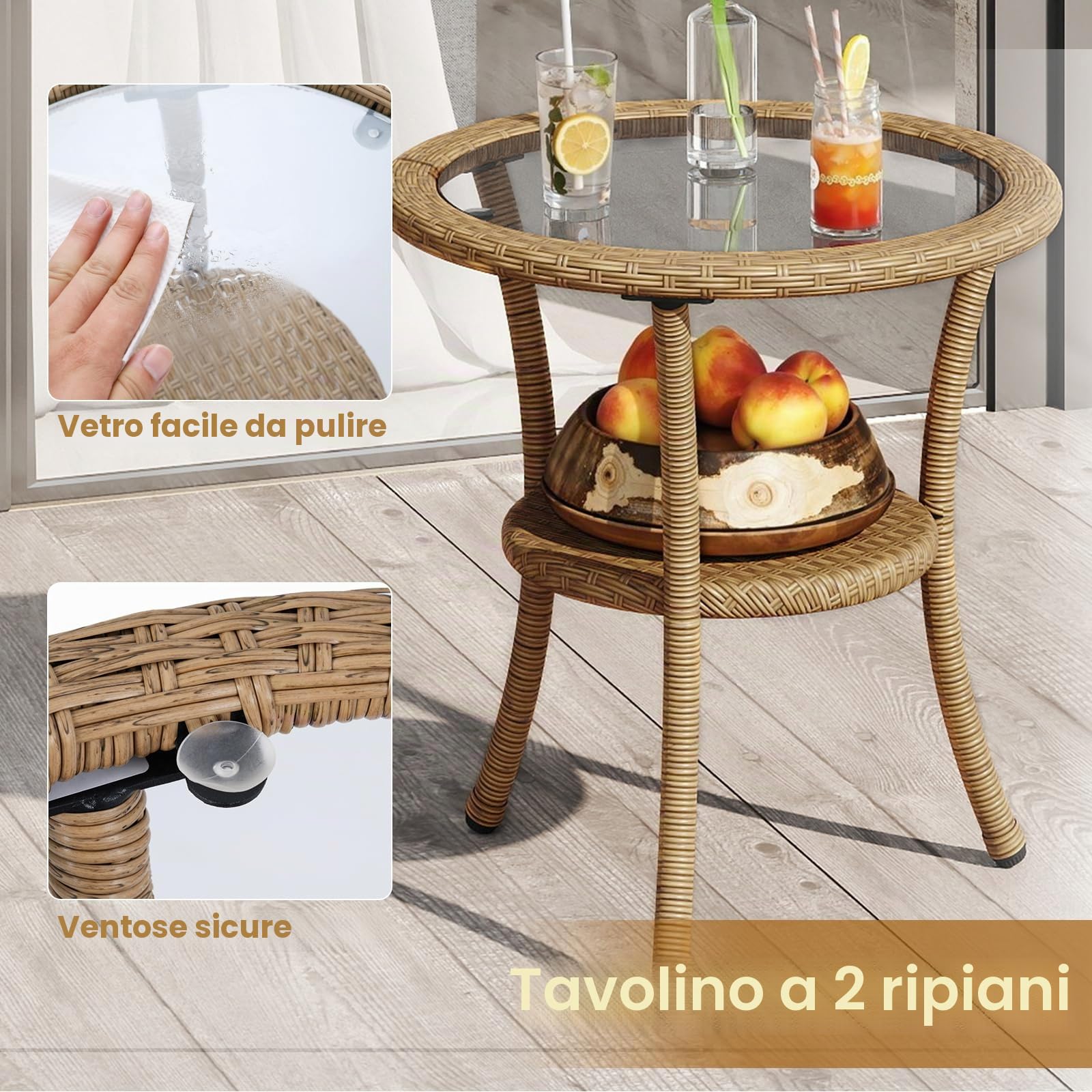 LIFEZEAL Set di 3 pezzi con tavolo in vetro temperato, cuscini per seduta e schienale, mobili da esterno per balcone, terrazza (55,5 x 57 x 81 cm)
