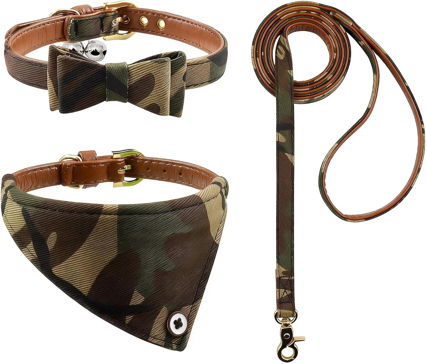 3PCS Bow Tie Dog Collar and Leash Set Plaid/Camo/Dots/Flower Dog Bandanas with Bell 3 Size Adjustable for Small Dogs Puppies and Cats (XS, Camo 1)