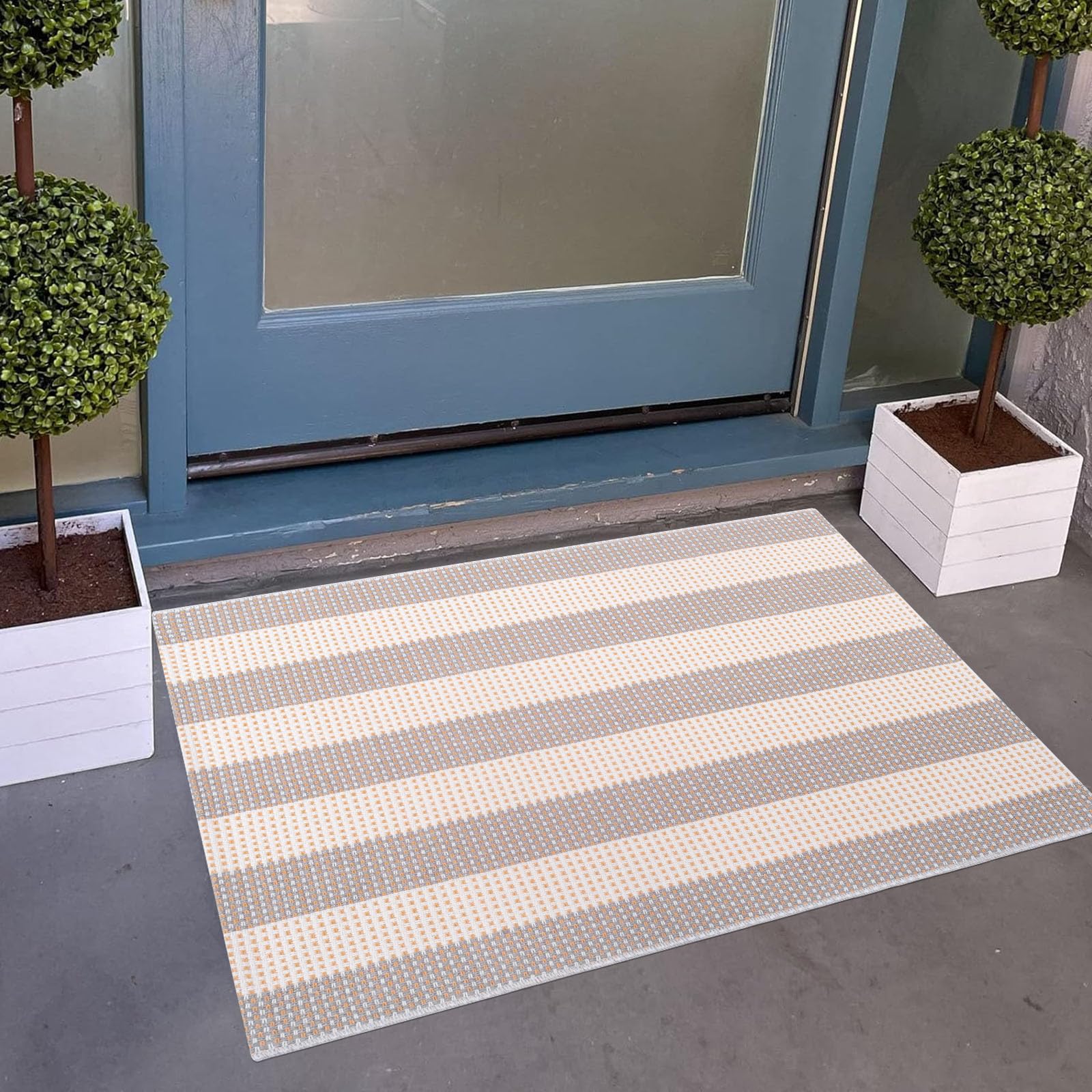 Tapis d'entrée extérieur 60 x 90 cm, rayé Gris et Blanc, Lavable en Machine