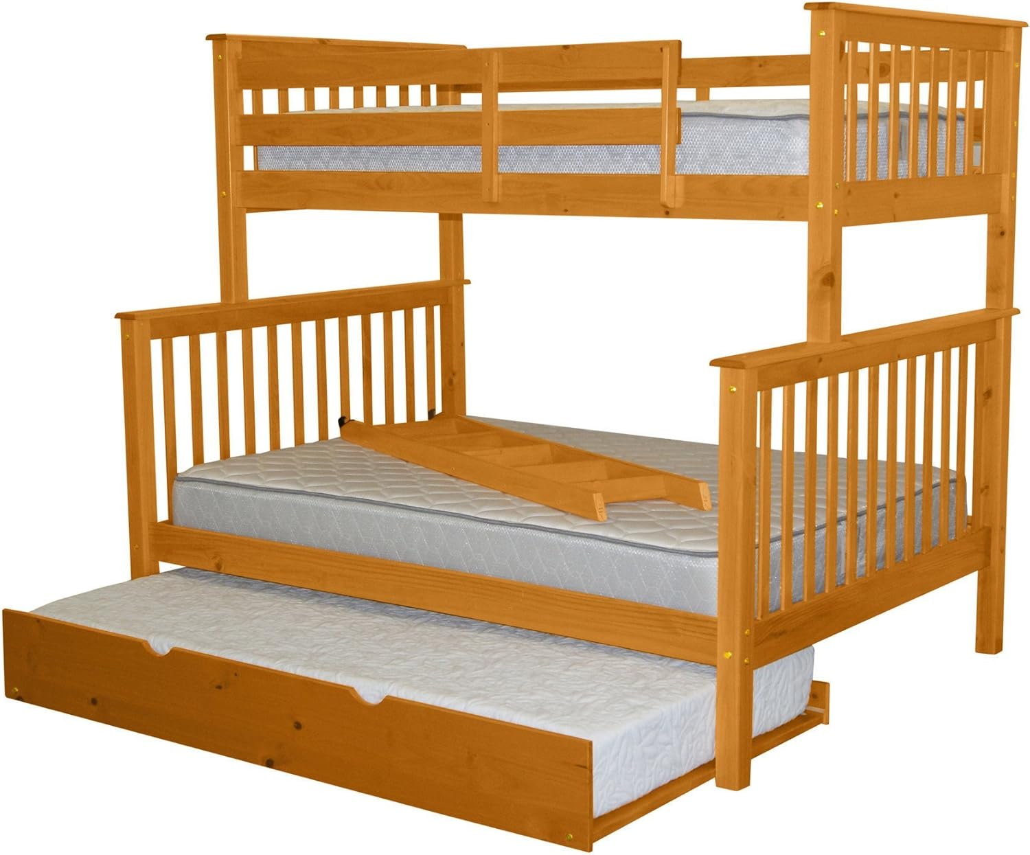 Bedz King Twin Over Full Bunk Bed with Trundle, showing mattresses on all three beds.