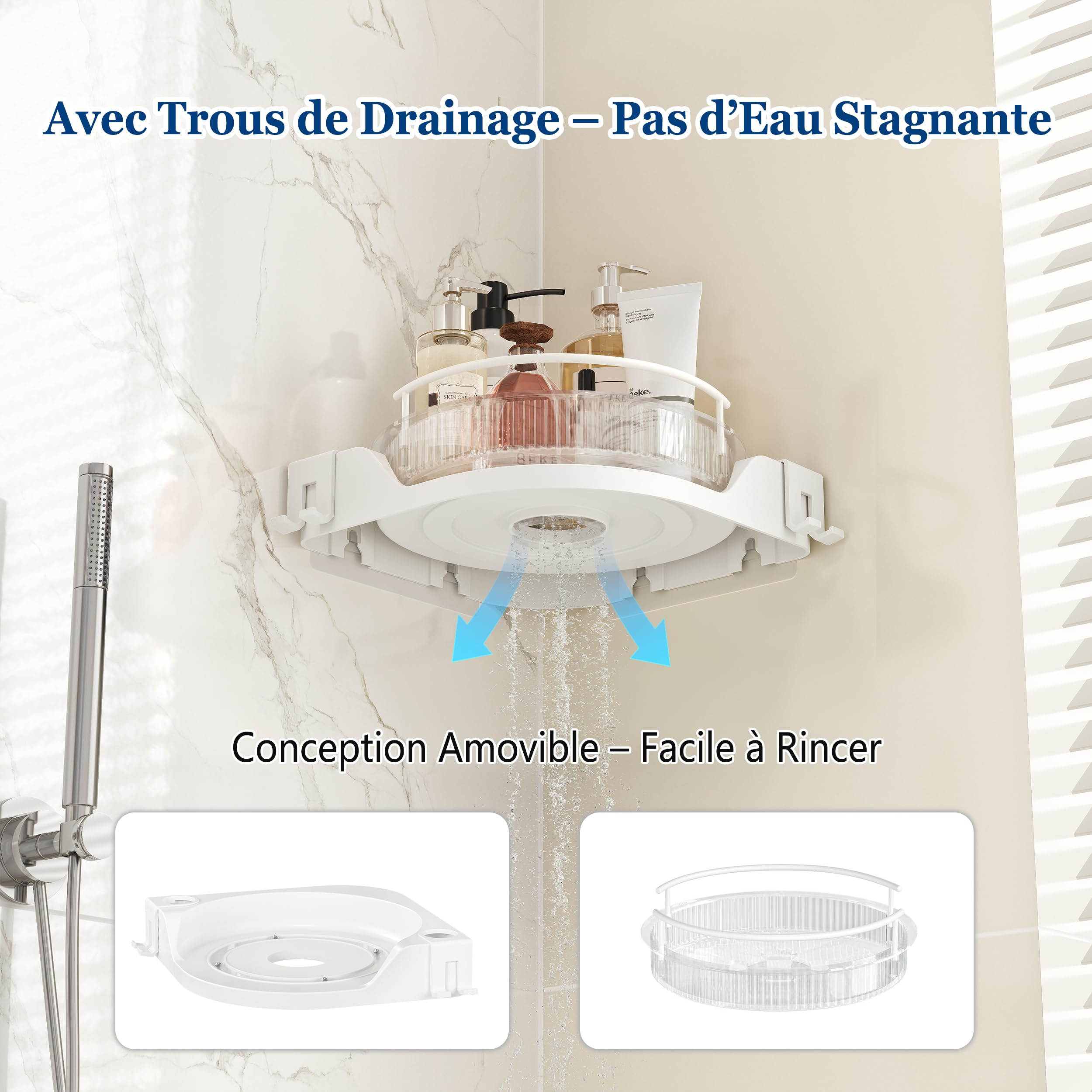 Qeke Étagère d'Angle Pivotante, Panier Douche Adhésif, Lot de 2, Blanc