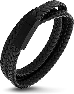 555Jewelry Stainless Steel Braided Wrap Leather Cord Magnetic Clasp Bracelet, metal,