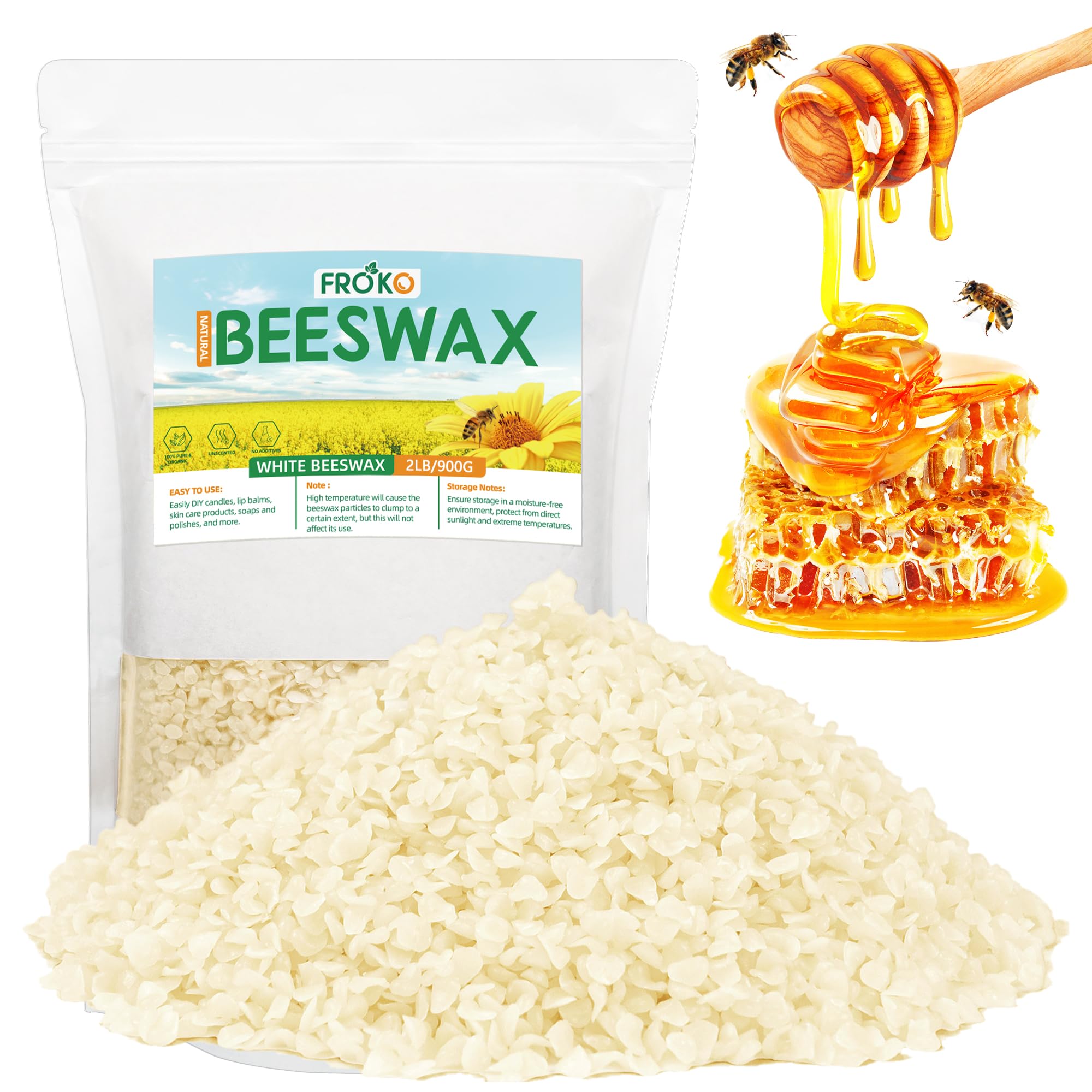 FROKO White Natural Beeswax Pellets 2LB, Organic Beeswax, Beeswax for Candle Making, Body, Skin Care DIY, Lip Balm, Soap and Lotion Making Supplies