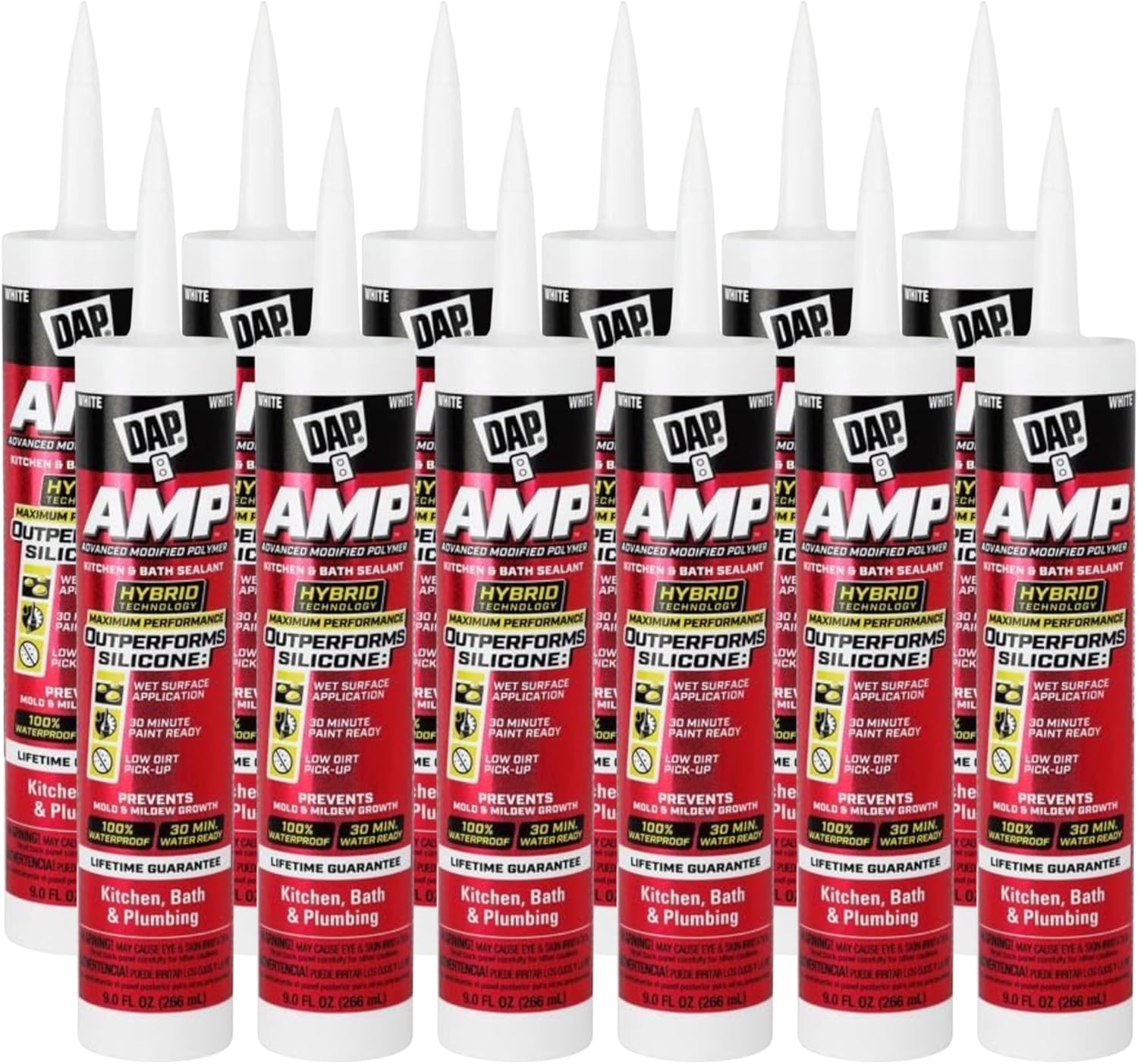 DAP 7079800762 AMP Advanced Kitchen/Bath White Adhesive Caulk, 9-oz. - Quantity 12