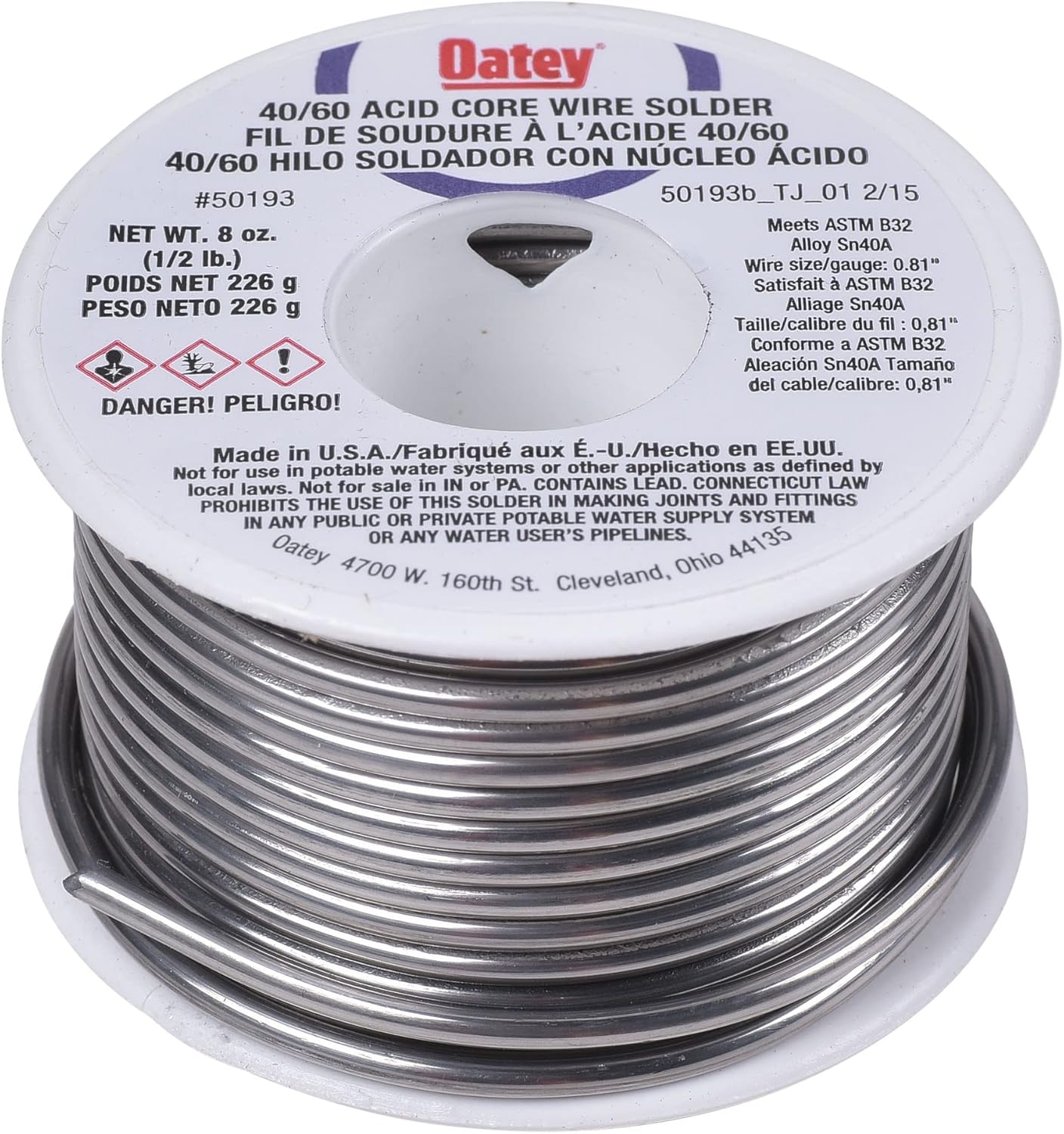 OATEY 50193 Acid Core Wire Solder, 0.5 Lb. Carded, Solid, Silver Gray