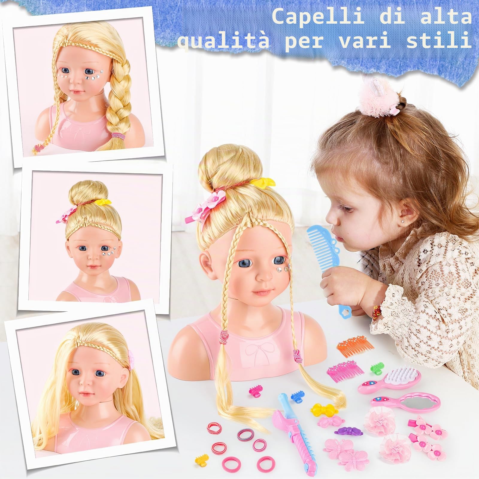 deAO Testa da Truccare e Pettinare 23cm, Testa Bambola Principessa con Capelli Lunghi Biondi, mollette capelli, testina per parrucchiere e trucco e Accessori Parrucchiere per Bambine