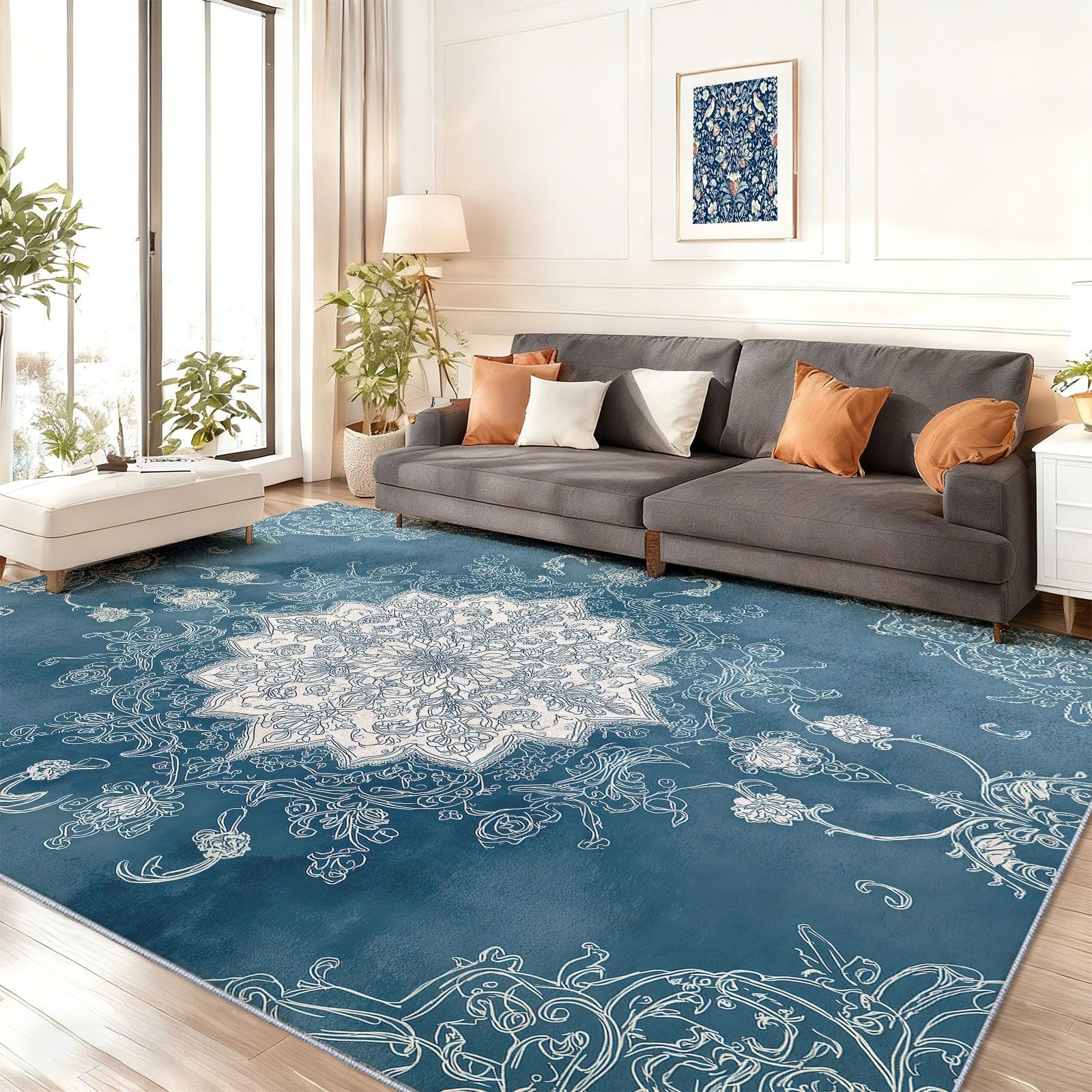 Tapis salon mandala bleu marine 160x230 cm lavable en machine