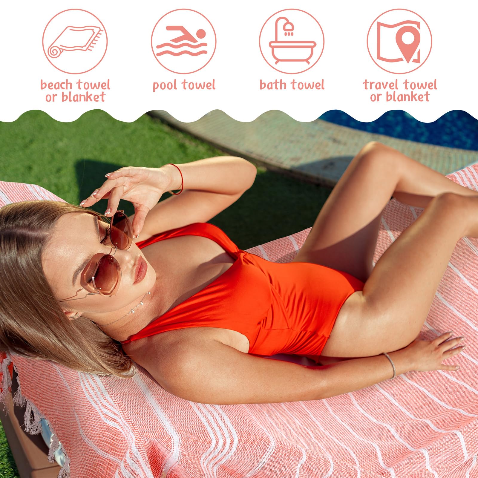 Strandtuch aus türkischer Baumwolle, vorgewaschen, sandfrei, super weich, schnell trocknend und saugfähig, für Strand/Pool, Badezimmer/Spa, Reisen, Camping, Fitness, Yoga, Orange, 4 Stück
