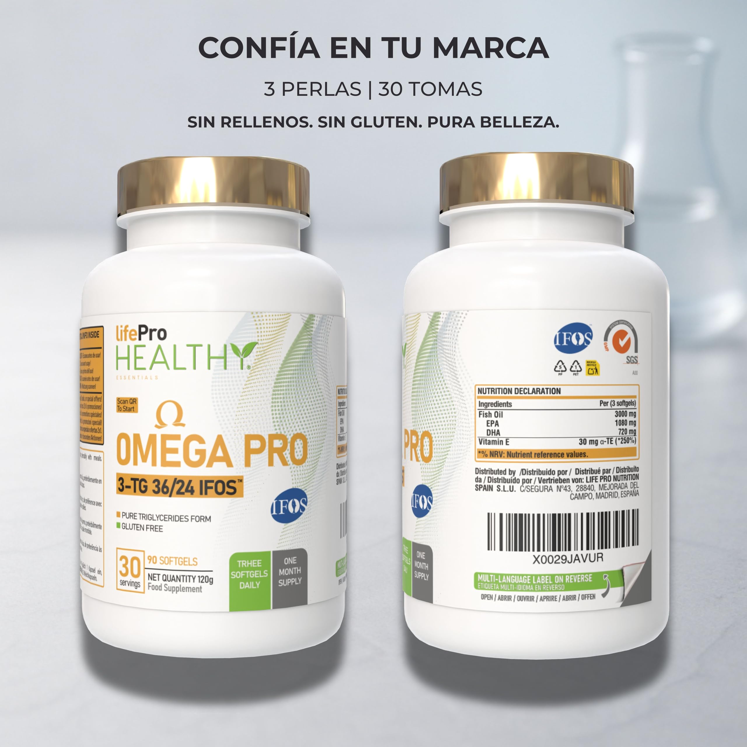 Omega 3 IFOS Capsulas 3000mg con Vitamina E, 30-90 Tomas - Life Pro Healthy, 35% EPA y 25% DHA, 3000mg por dosis diaria, Suplemento para la Salud Cardiovascular, Aceite de Pescado Puro y Destilado