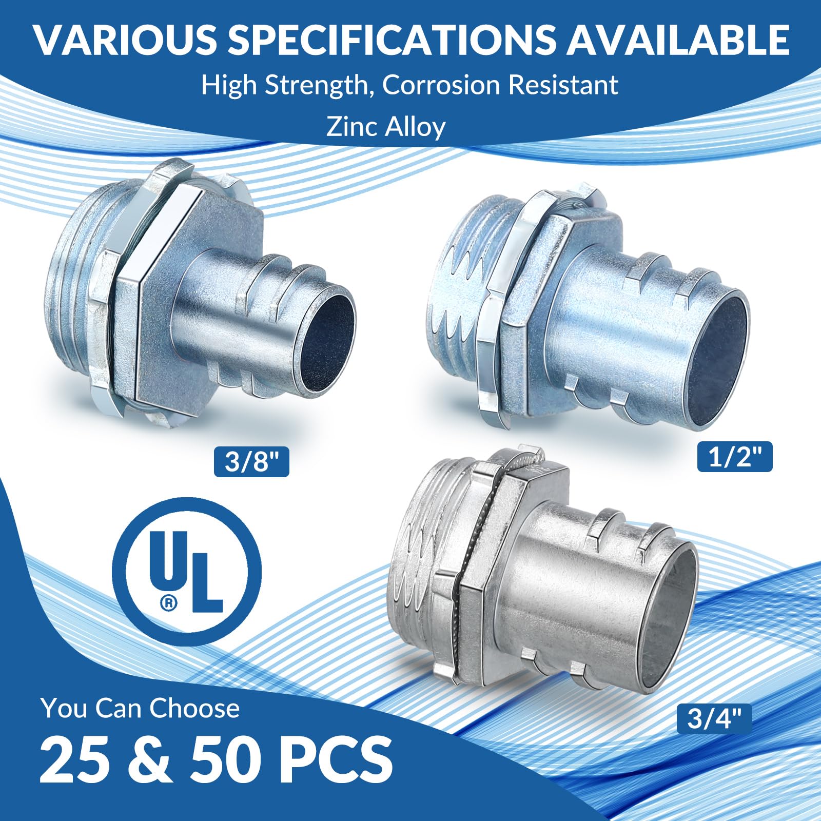 Yaocom 50 Pcs Screw-in Connector for Flexible Metal Conduit (FMC), Flex Conduit Cable Connectors with Reversible Locknut Zinc Die Cast Pipe Fittings for Residential Commercial Construction (3/8 Inch)