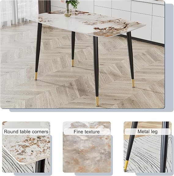 Ebullient Dining Table for 4,Rectangular Marble Dining Table, Faux Marble Dining Table Top,Modern Dining Room Table with Metal Frame for Kitchen