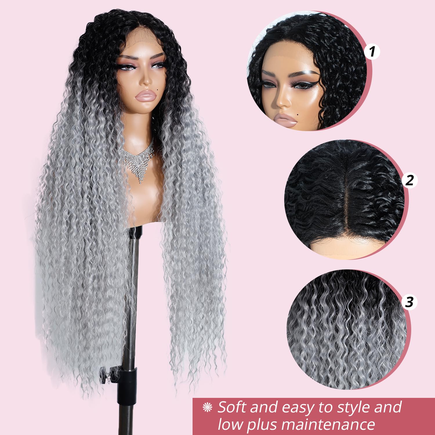 Style Icon Super Long Curly Synthetic Lace Front Wigs for Women 38 inch Ombre Gray T Part Lace Deep Wave Wigs Pre Plucked Hairline with Baby Hair (TT4/M.GREY) - Image 3