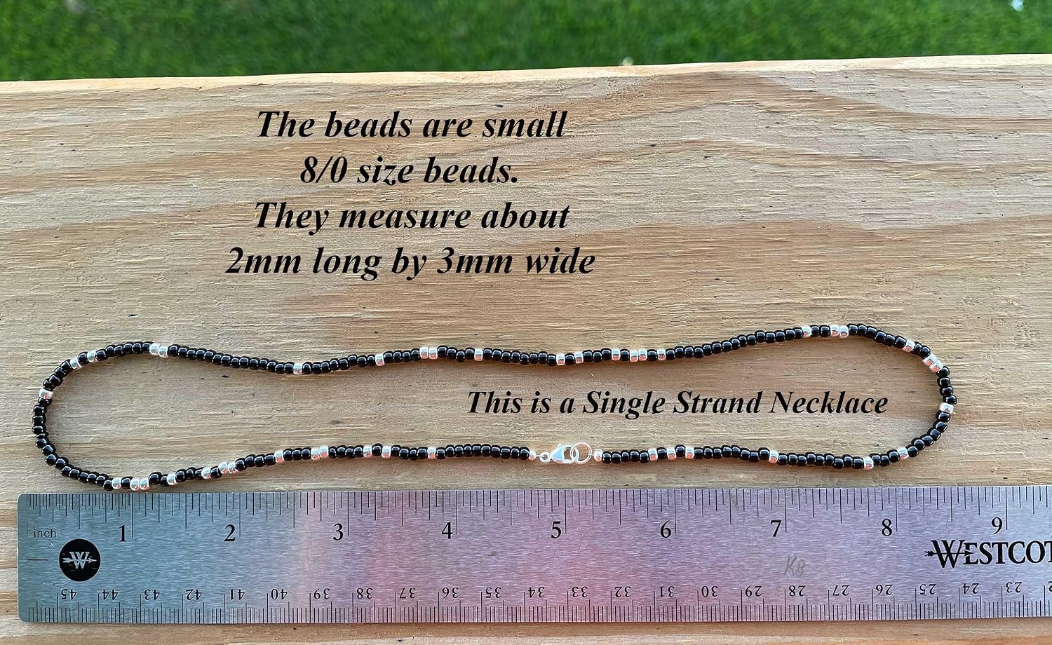Black and Silver Seed Bead Necklace, Thin 2mm Single Strand Black & Silver Beaded Necklace