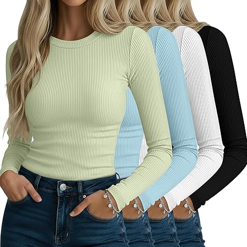 Neer 4 Pack Women's Ribbed Long Sleeve Shirts, Cotton Crew